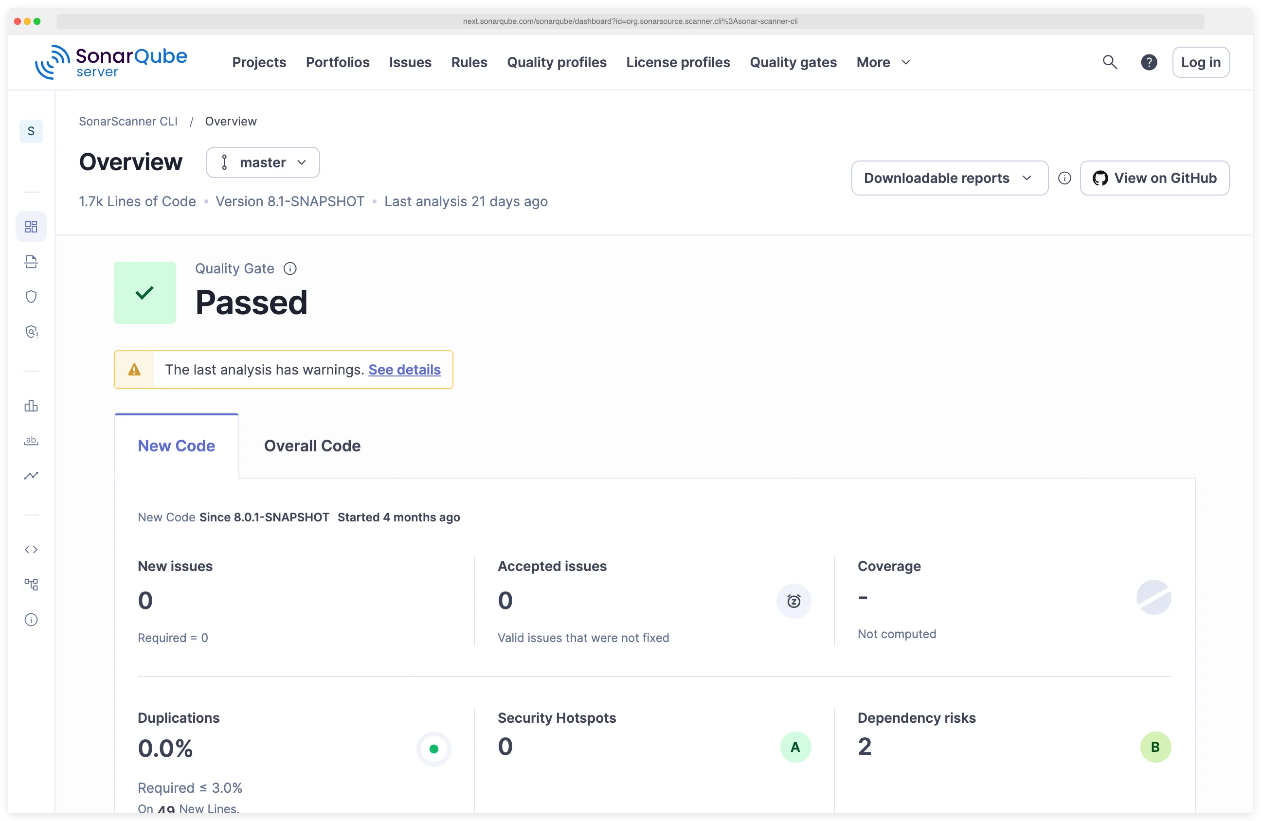 SonarQube project overview dashboard showing a Passed quality gate with New Code, Accepted Issues, Coverage, Duplications, Security Hotspots, and Dependency Risks metrics, illustrating the unified quality-and-security view that distinguishes SonarQube from security-only tools like Snyk Code