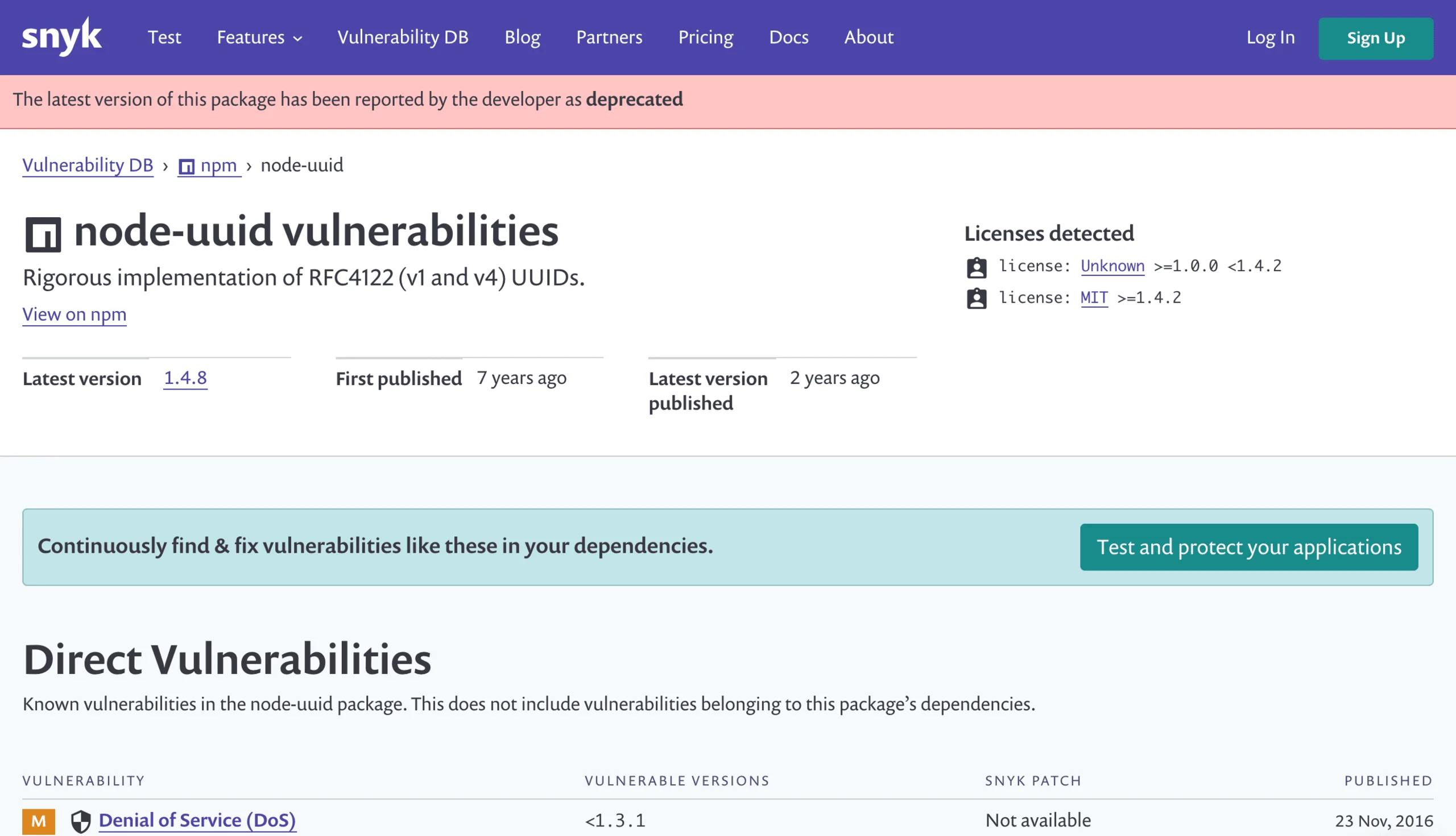 Snyk Vulnerability DB detail page for the node-uuid npm package showing enriched context including Snyk Patch availability, deprecation notice, and vulnerability listing — concrete evidence of the proprietary vulnerability database mentioned in the prose