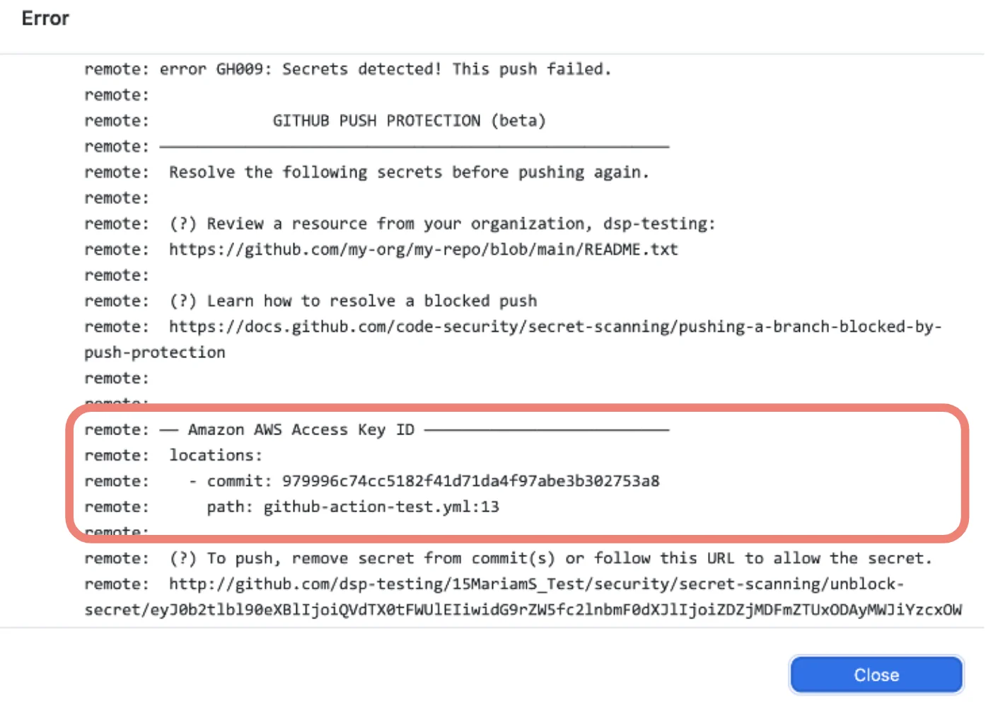 GitHub Push Protection error dialog blocking a git push because of a detected Amazon AWS Access Key ID in commit 979996c74cc5182f41df1da4f97abe3b382753a8 — concrete evidence that push protection blocks commits before they land on the server