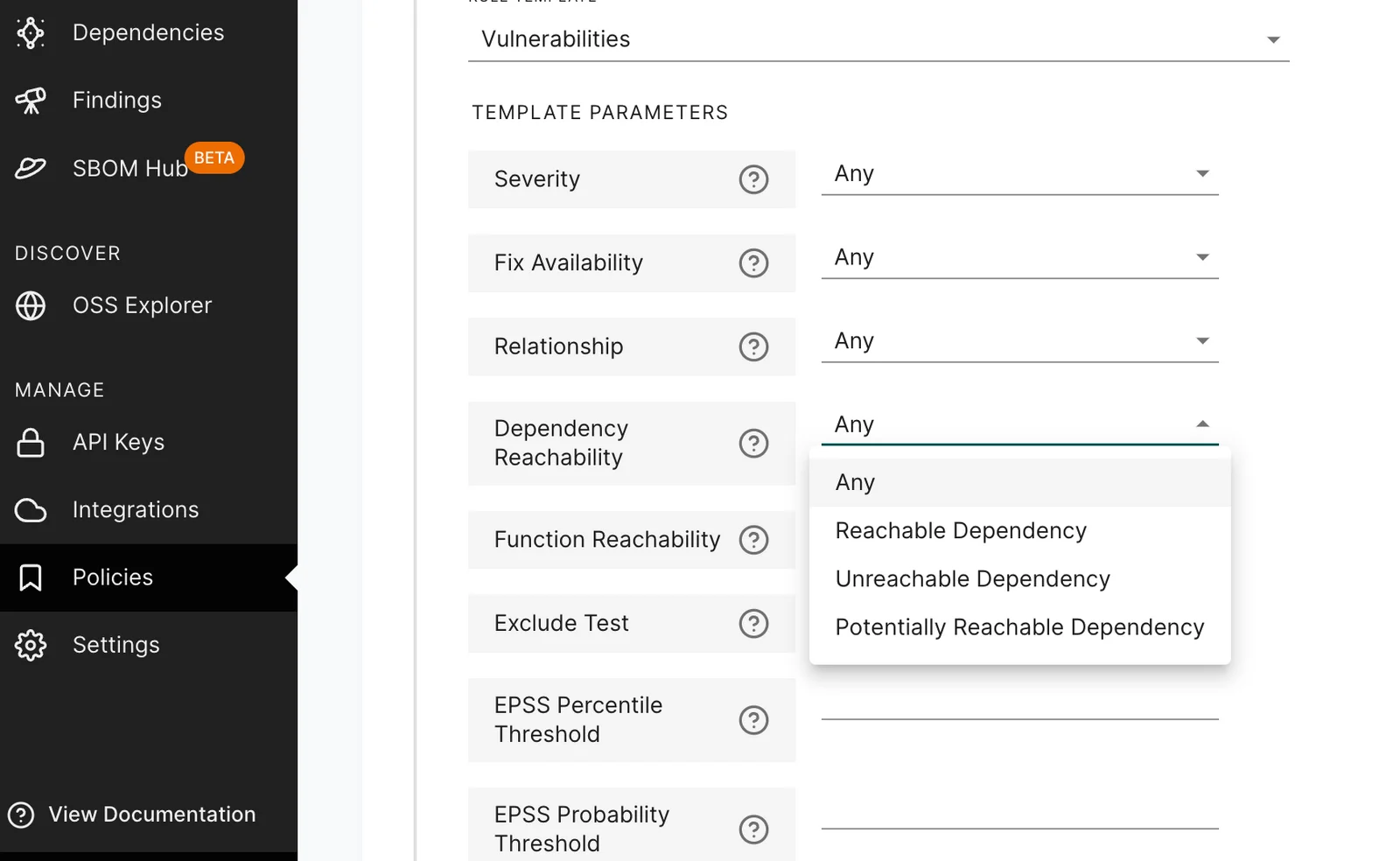 Endor Labs platform UI showing reachability-based findings list with function-call-graph annotations and risk scoring across multiple repositories