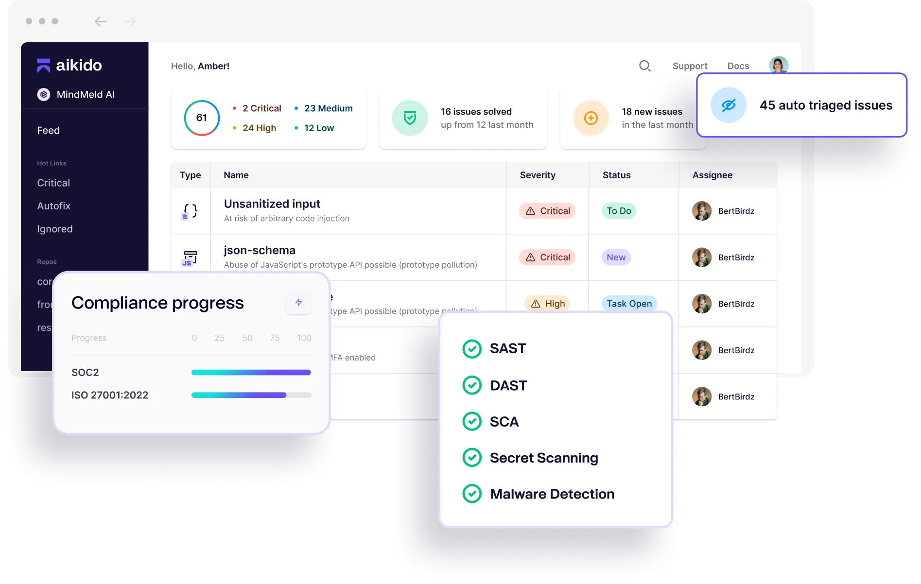 Aikido security dashboard showing critical and high issues list with AutoTriage panel, compliance progress tracker for SOC2 and ISO 27001:2022, and scanner coverage checklist (SAST, DAST, SCA, Secret Scanning, Malware Detection all active)