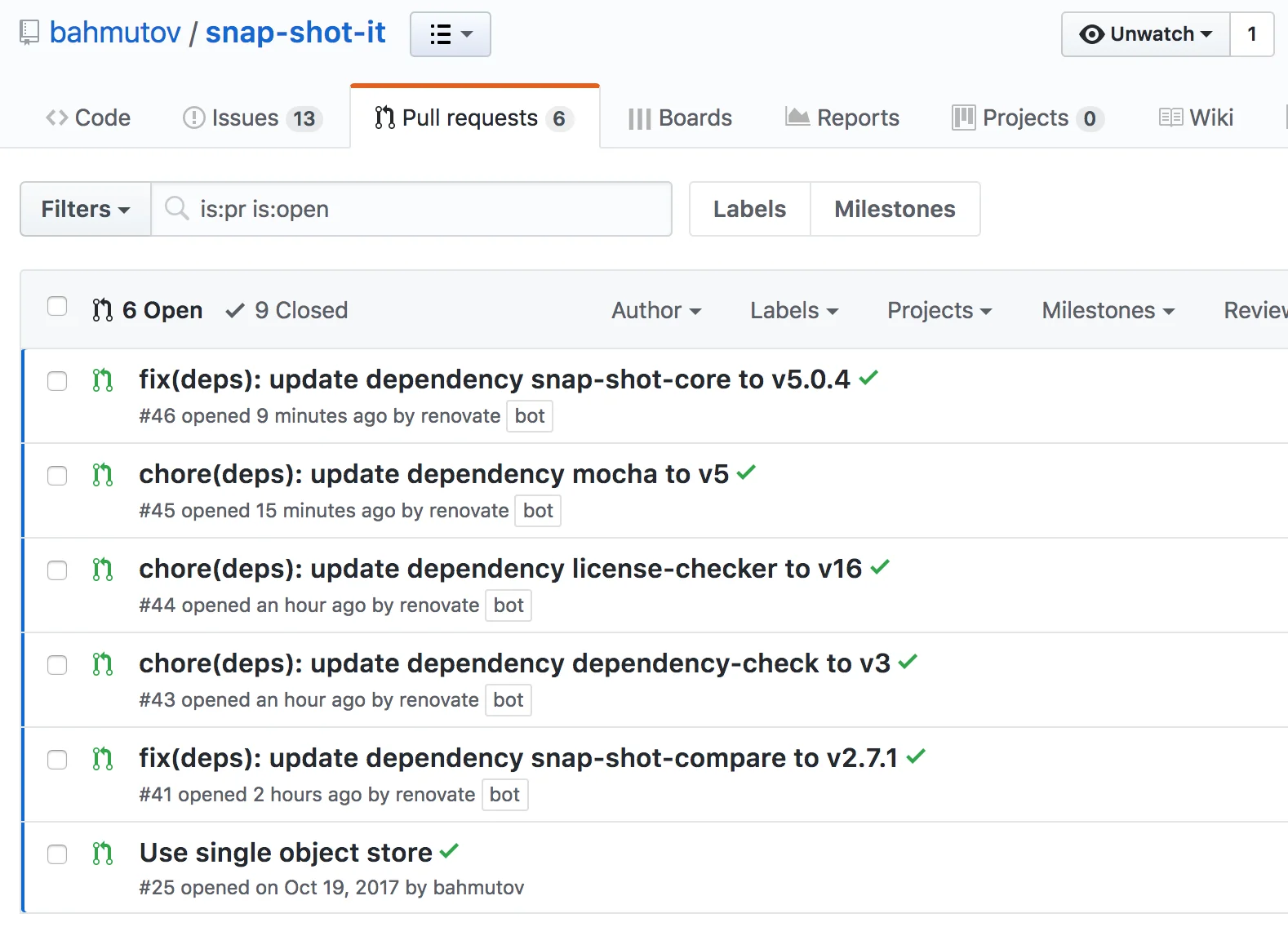 GitHub pull requests list for snap-shot-it repository showing 6 open Renovate bot dependency update PRs: fix(deps) for snapshot-core, mocha, license-checker, dependency-check, snapshot-compare, and chore(deps) for mocha