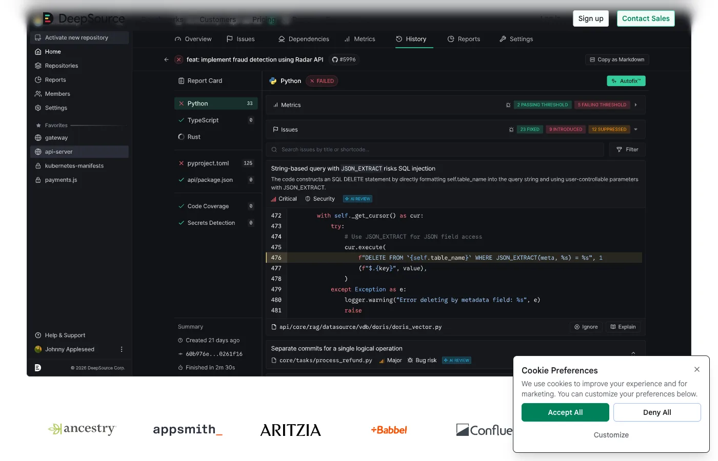 DeepSource code analysis dashboard showing a SQL injection finding in Python code with severity rating, AI Review badge, and Autofix button for automated remediation