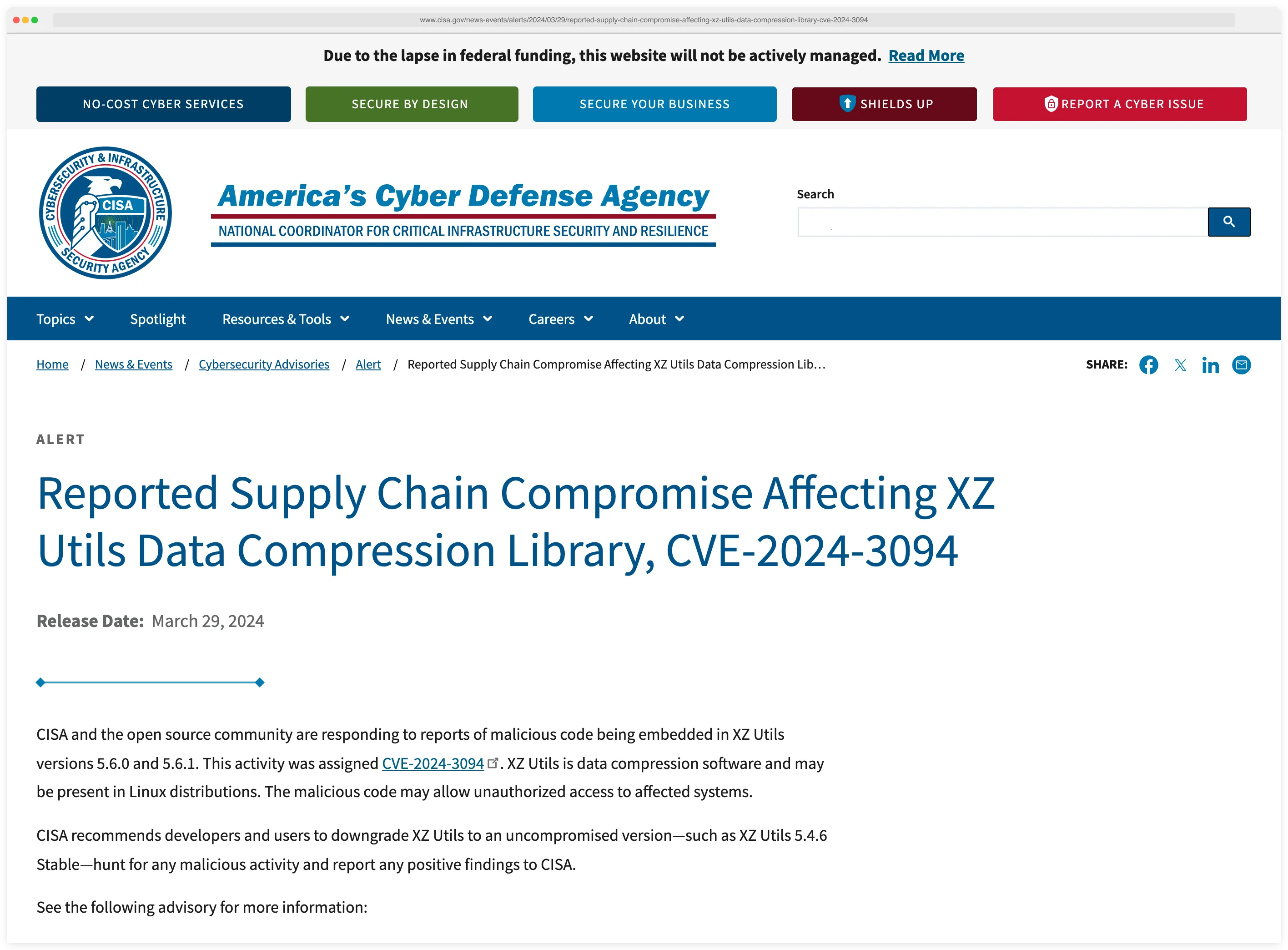CISA advisory headline: Reported Supply Chain Compromise Affecting XZ Utils Data Compression Library, CVE-2024-3094 — Release Date March 29, 2024
