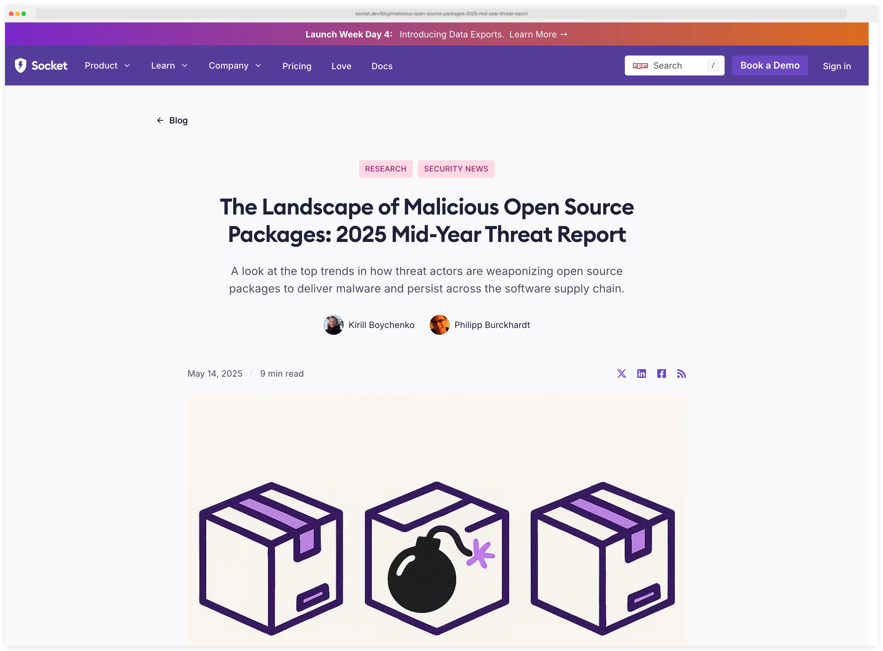 Socket 2025 Mid-Year Threat Report: The Landscape of Malicious Open Source Packages — authors Kirill Boychenko and Philipp Burckhardt, May 14 2025