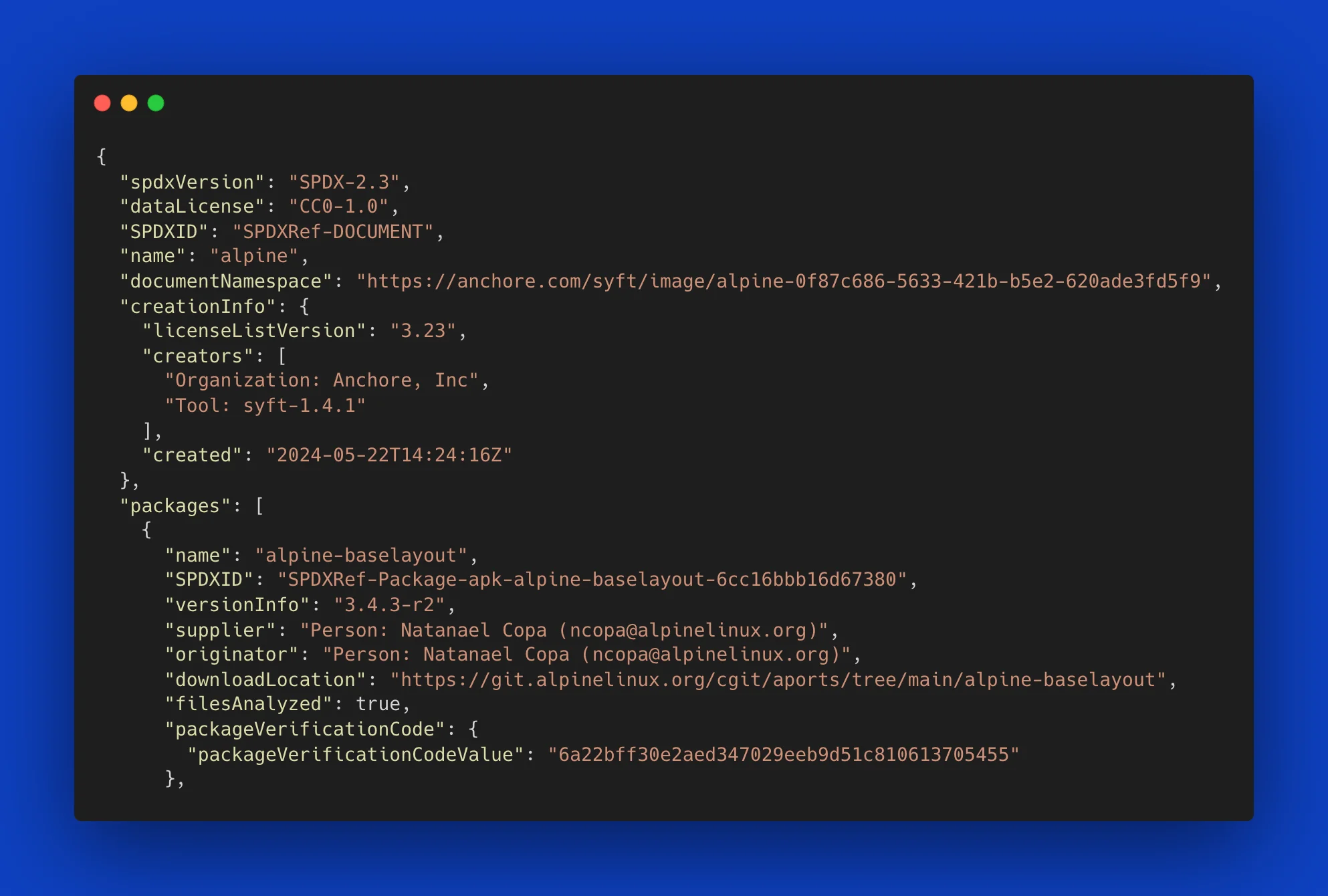Syft v1.4.1 terminal output producing an SPDX-2.3 JSON SBOM for an alpine:latest container, packages array visible in the serialized bill of materials