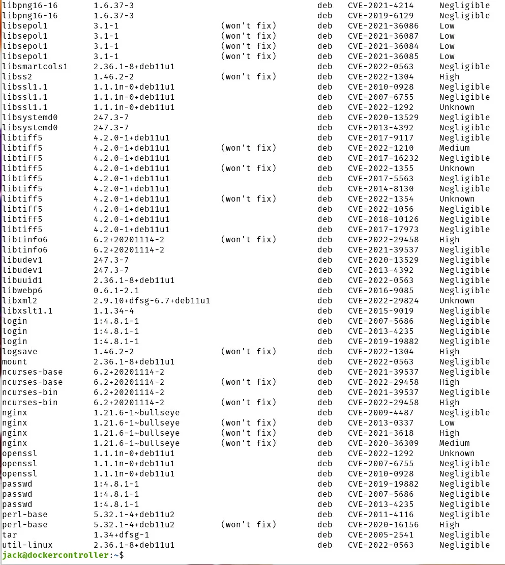 Real Grype terminal output scanning a Debian container image, six-column report (Name / Installed / Fix / Type / Vulnerability / Severity) listing dozens of CVEs with High and Critical severities