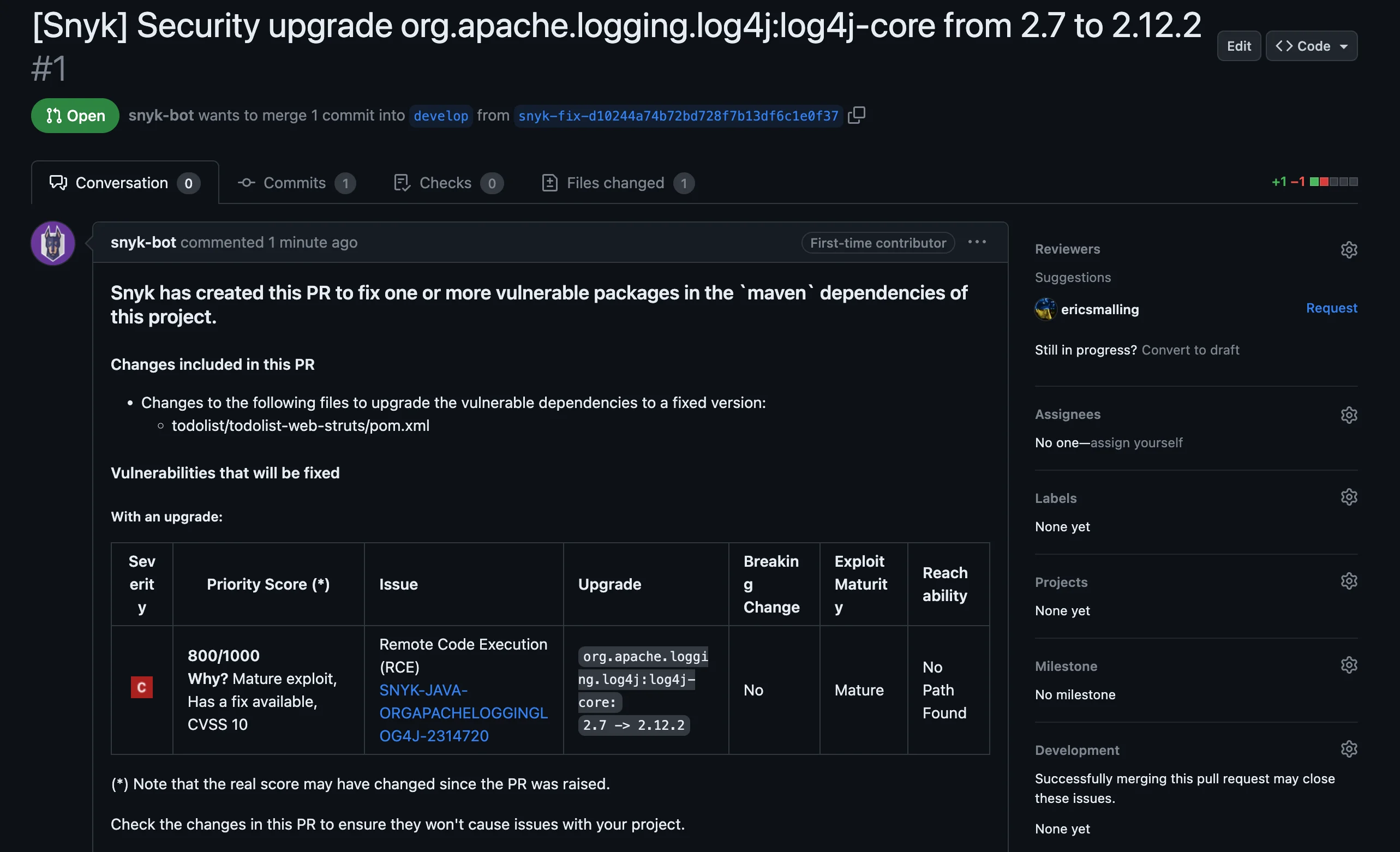 Snyk Open Source pull-request review comment on a log4j 2.7 → 2.12.2 upgrade, showing severity, CVSS 10 score, and 800/1000 priority score columns