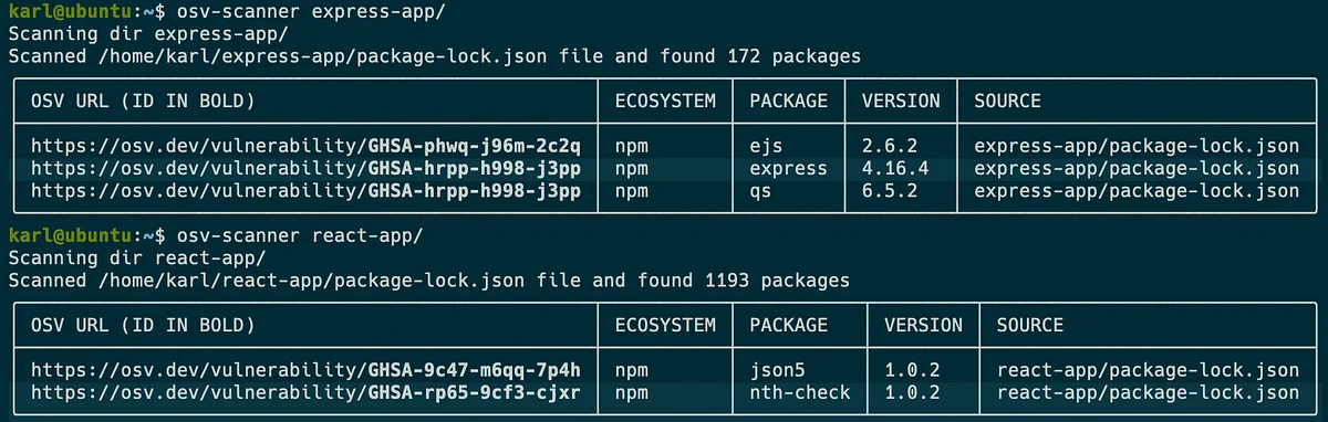 Real osv-scanner terminal output with OSV URL, Ecosystem, Package, Version, and Source columns listing GHSA advisory IDs matched against project lockfiles