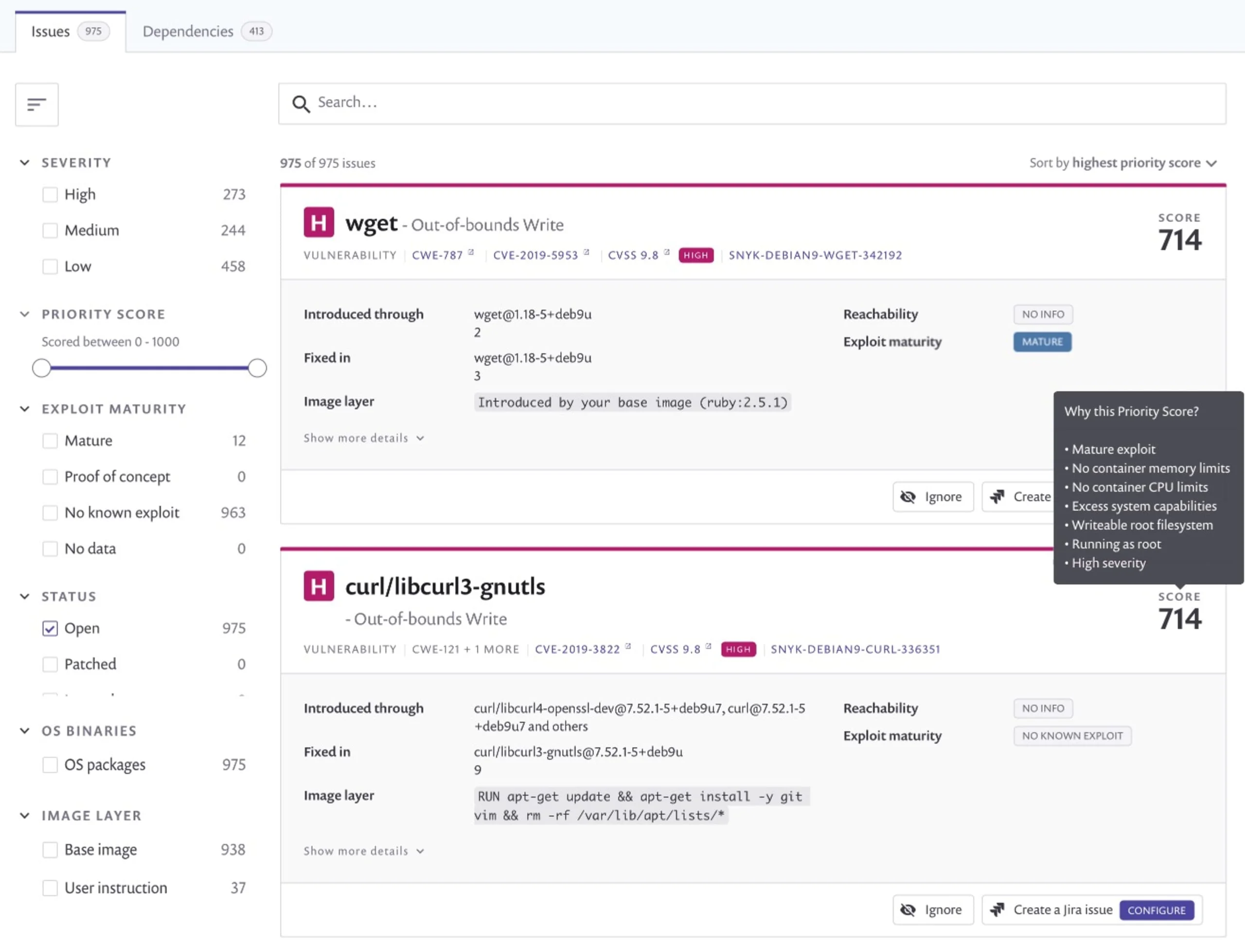 Snyk Container UI showing 975 container image issues sorted by priority score, with exploit maturity, image layer origin, and fix version details for wget and curl vulnerabilities