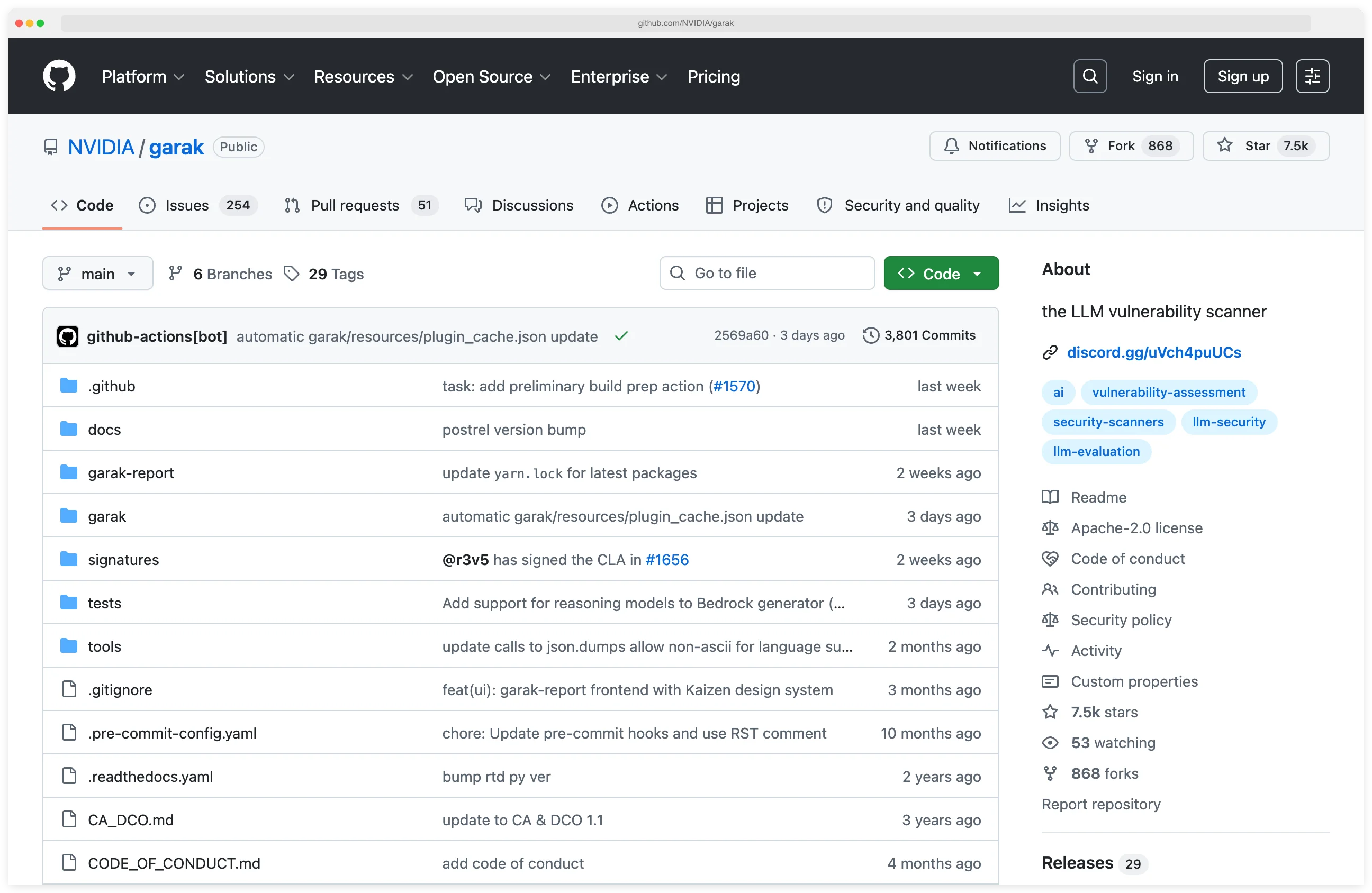 NVIDIA Garak GitHub repository showing 7,500+ stars and project structure for the open-source LLM vulnerability scanner