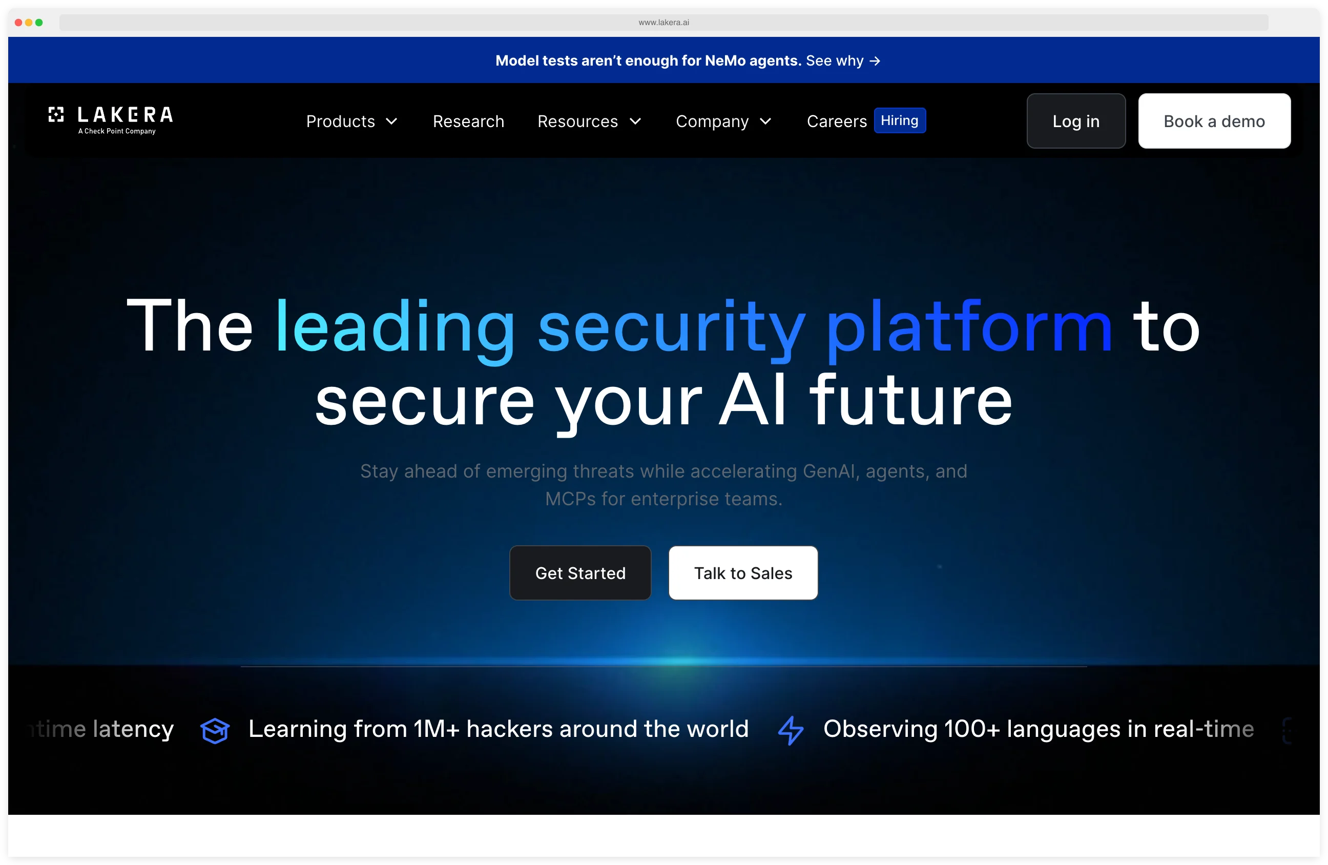 Lakera homepage showing the leading security platform tagline, real-time protection stats, and GenAI/agent/MCP security messaging