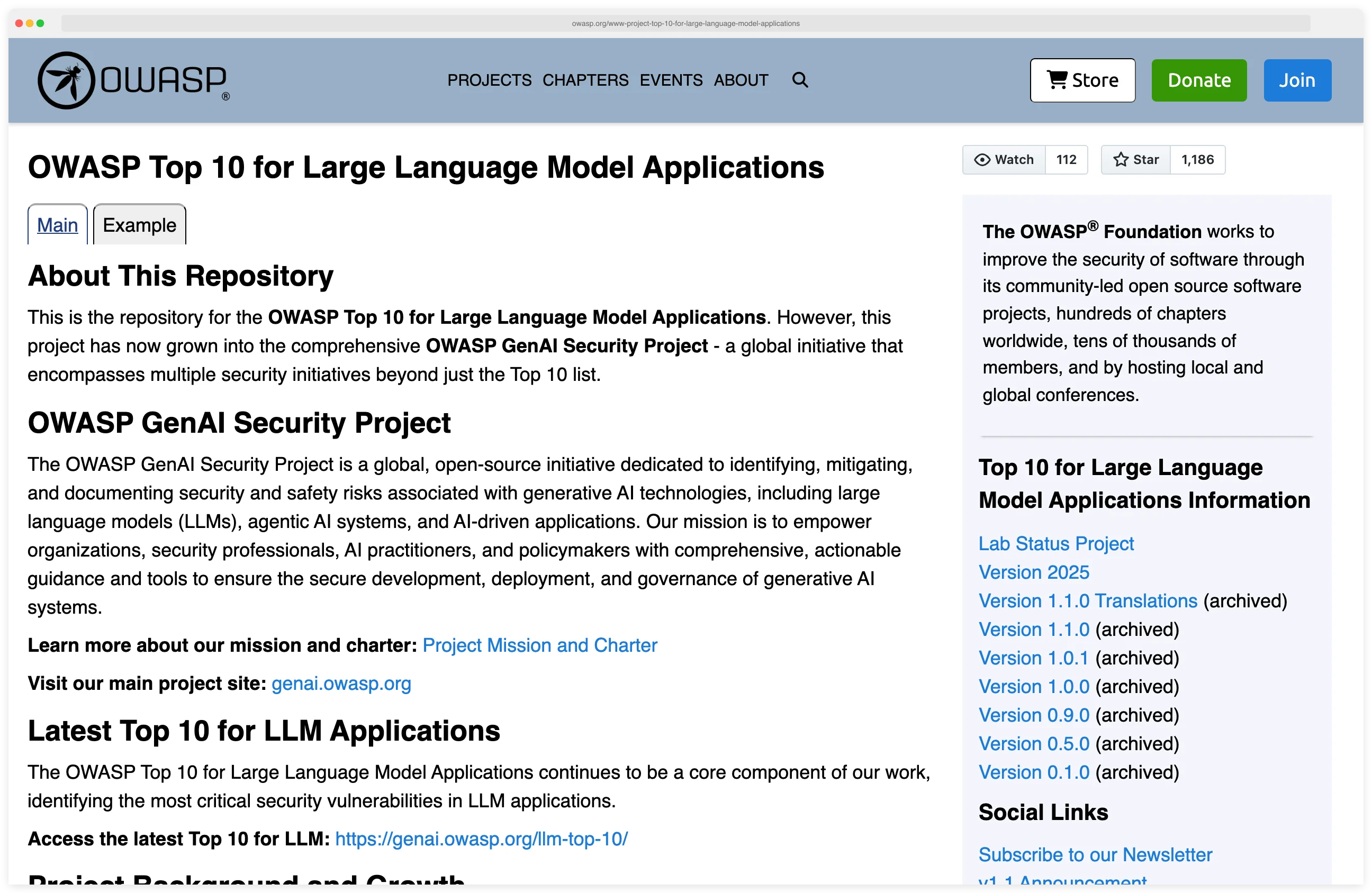 OWASP Top 10 for Large Language Model Applications project homepage showing version 2025, GenAI Security Project description, and links to the official Top 10 list