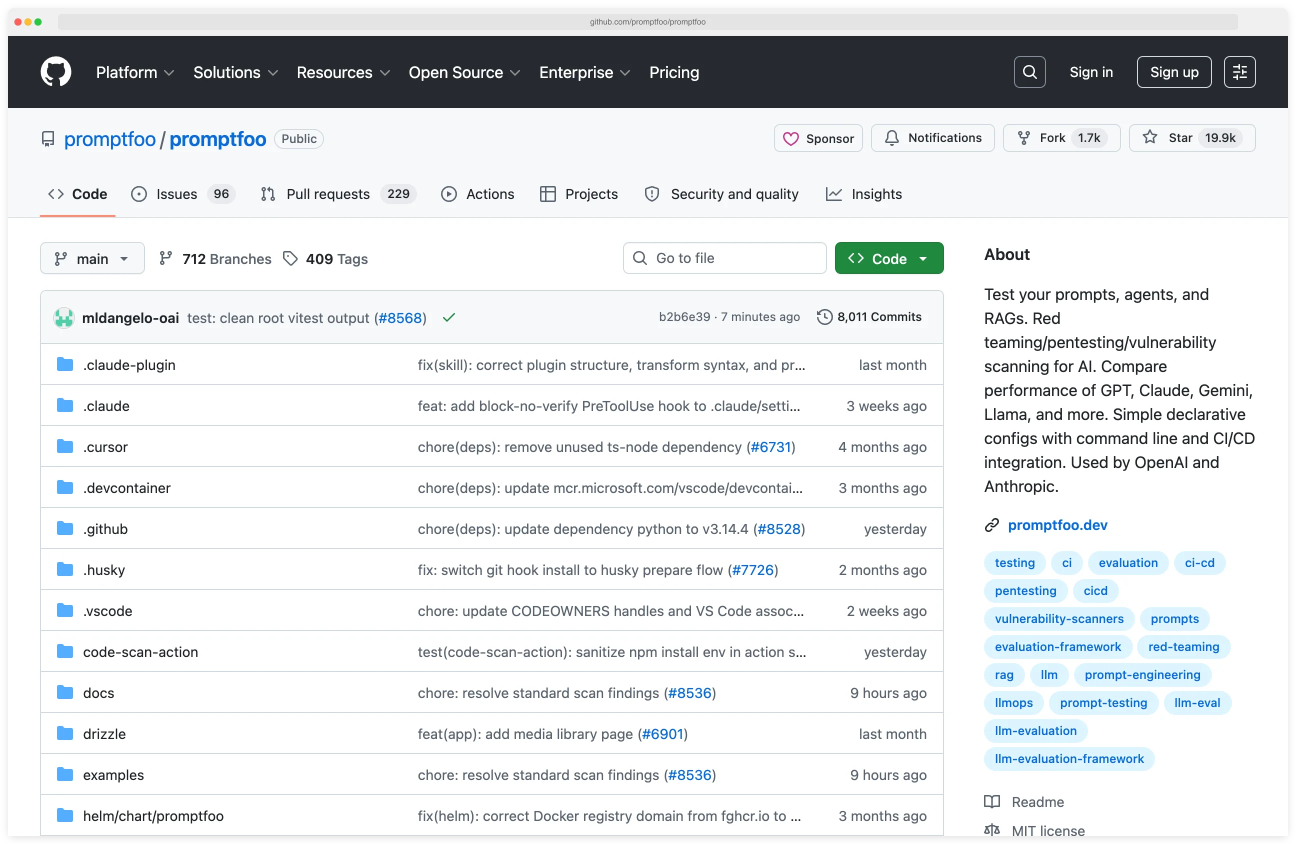 Promptfoo GitHub repository showing 19,900+ stars, project description as a prompts, agents, and RAGs testing tool, and topic tags for red-teaming and evaluation