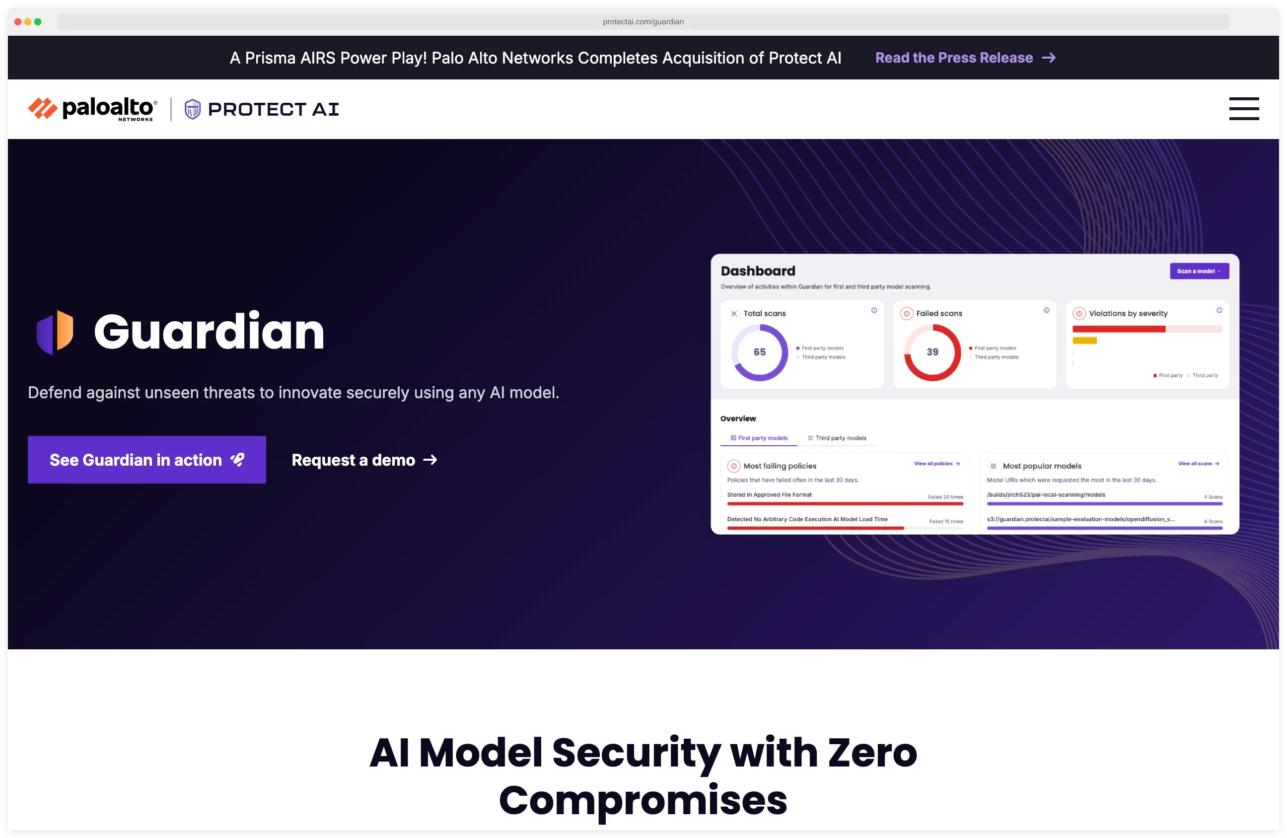 Protect AI Guardian homepage under Palo Alto Networks showing the Guardian dashboard mockup with total scans, failed scans, and violations by severity