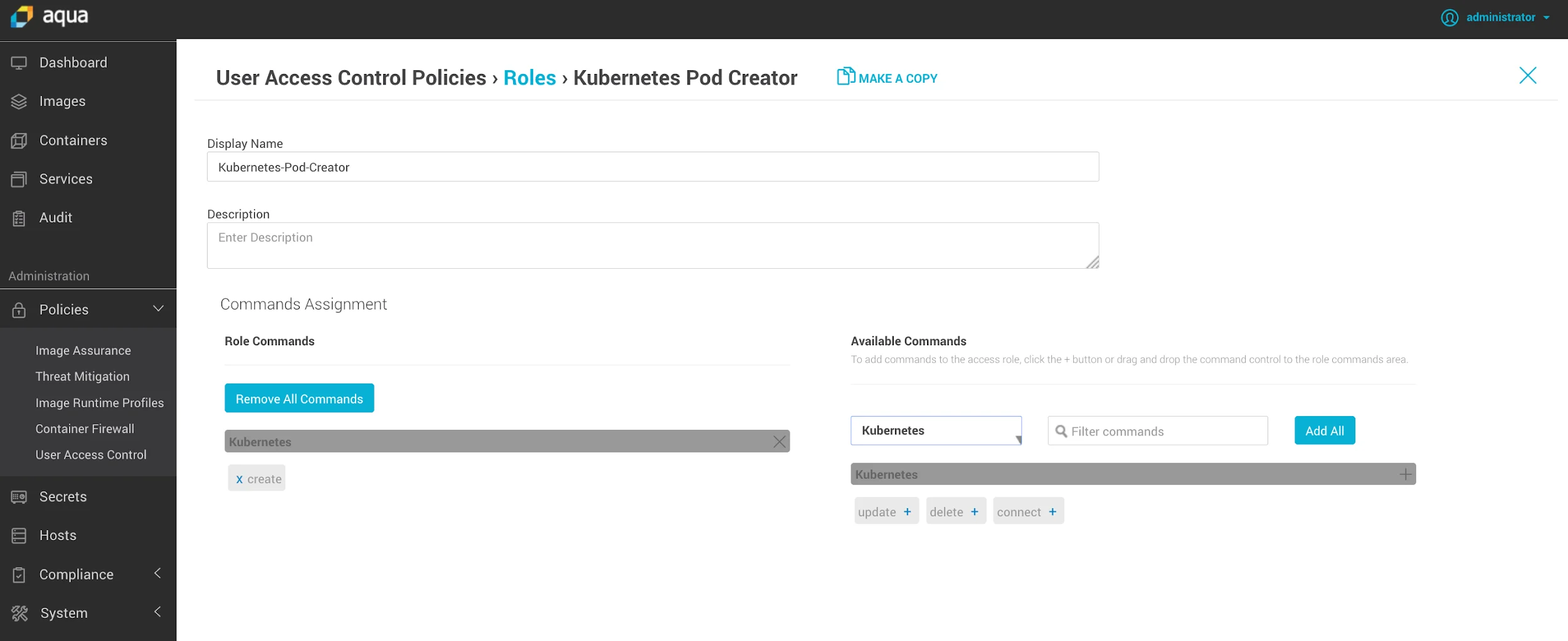 Aqua Security console showing User Access Control Policies for Kubernetes with role-based command assignment for pod creation and management
