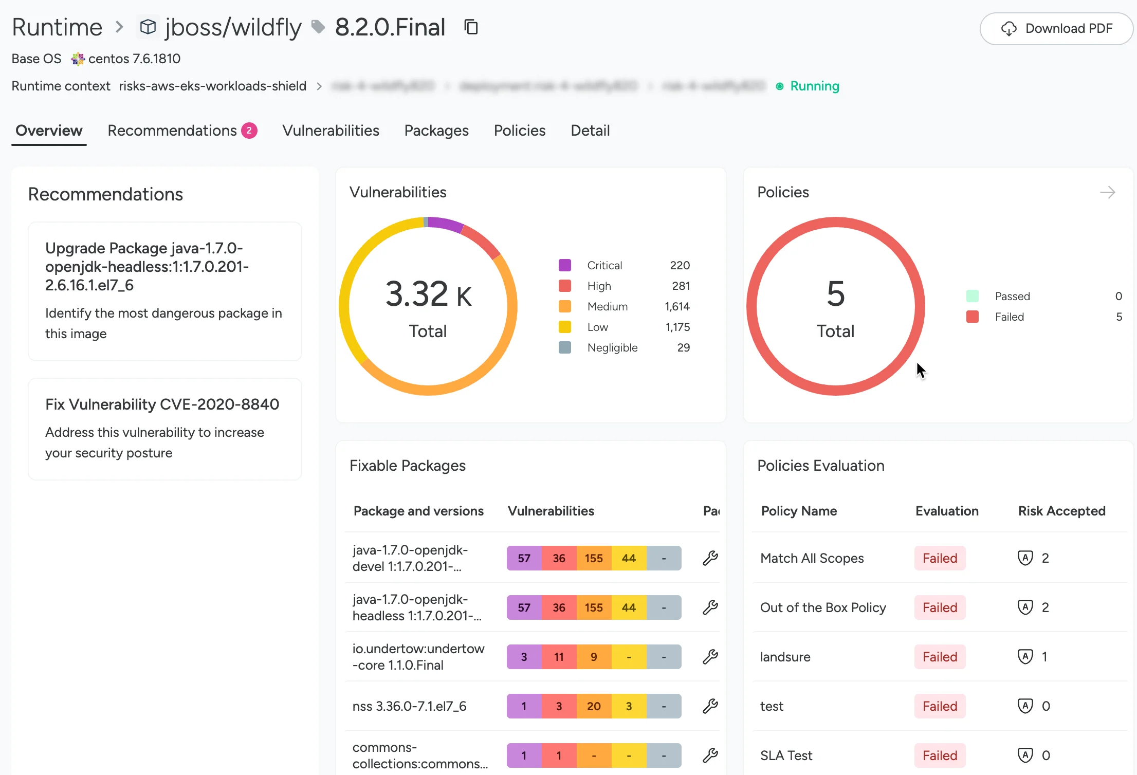 Sysdig Secure runtime view for jboss/wildfly 8.2.0.Final showing 3,320 total vulnerabilities by severity and 5 policy evaluation results with fixable packages listed