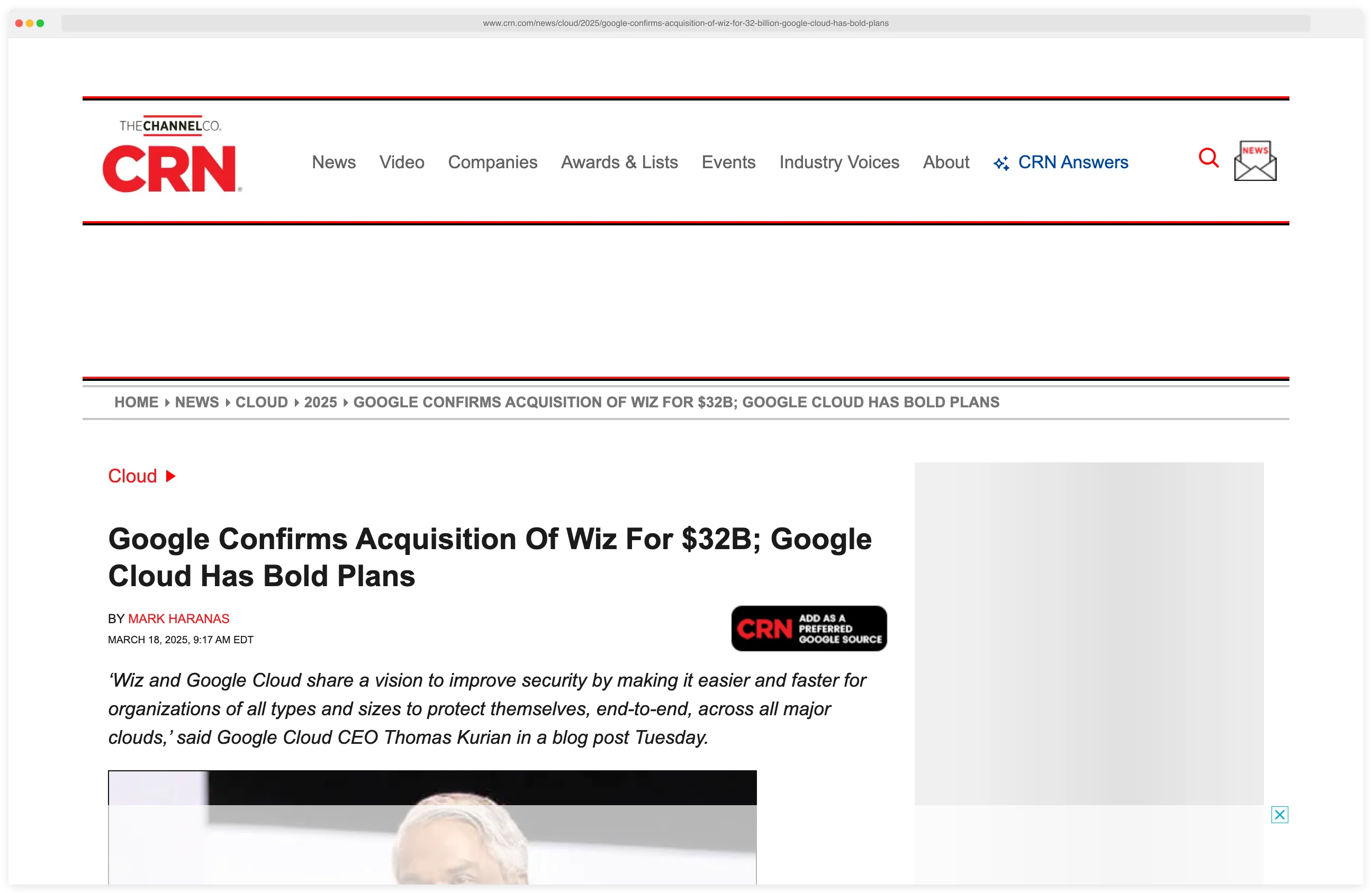 CRN headline: Google Confirms Acquisition Of Wiz For $32 Billion