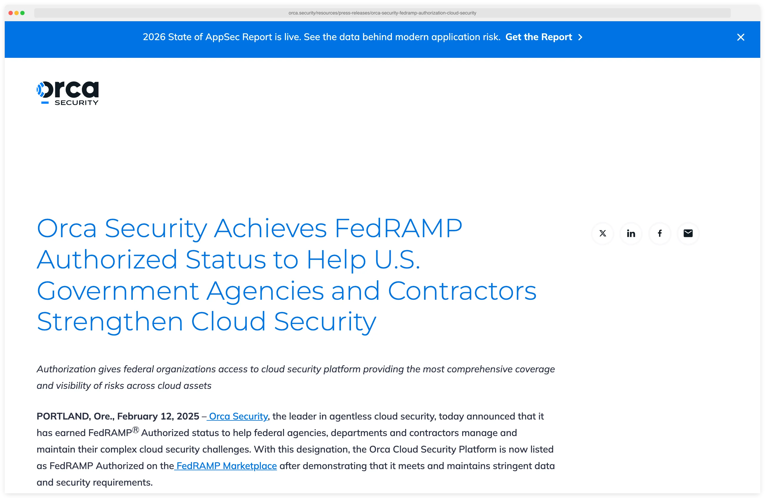 Orca Security press release headline: Orca Security Achieves FedRAMP Authorized Status, dated February 12, 2025