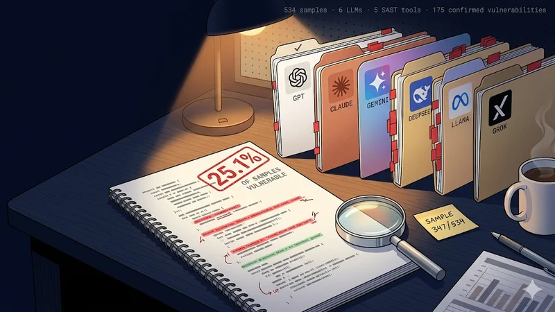 Research desk scene with 6 LLM-branded folders (GPT, Claude, Gemini, DeepSeek, Llama, Grok), an open code notebook stamped 25.1% VULNERABLE, and a magnifying glass lit by a warm desk lamp