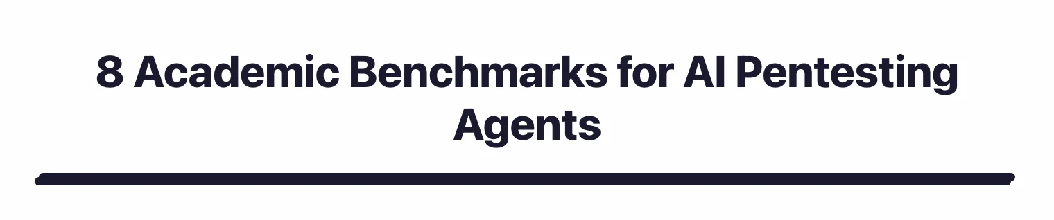 8 academic benchmarks for AI pentesting agents: CyBench (ICLR 2025, 40 tasks), NYU CTF Bench (NeurIPS 2024, 200 challenges), CVE-Bench (ICML 2025, 40 real CVEs), AutoPenBench, PentestEval, CAIBench, CyberSecEval 1-4, and HackTheBox AI Range