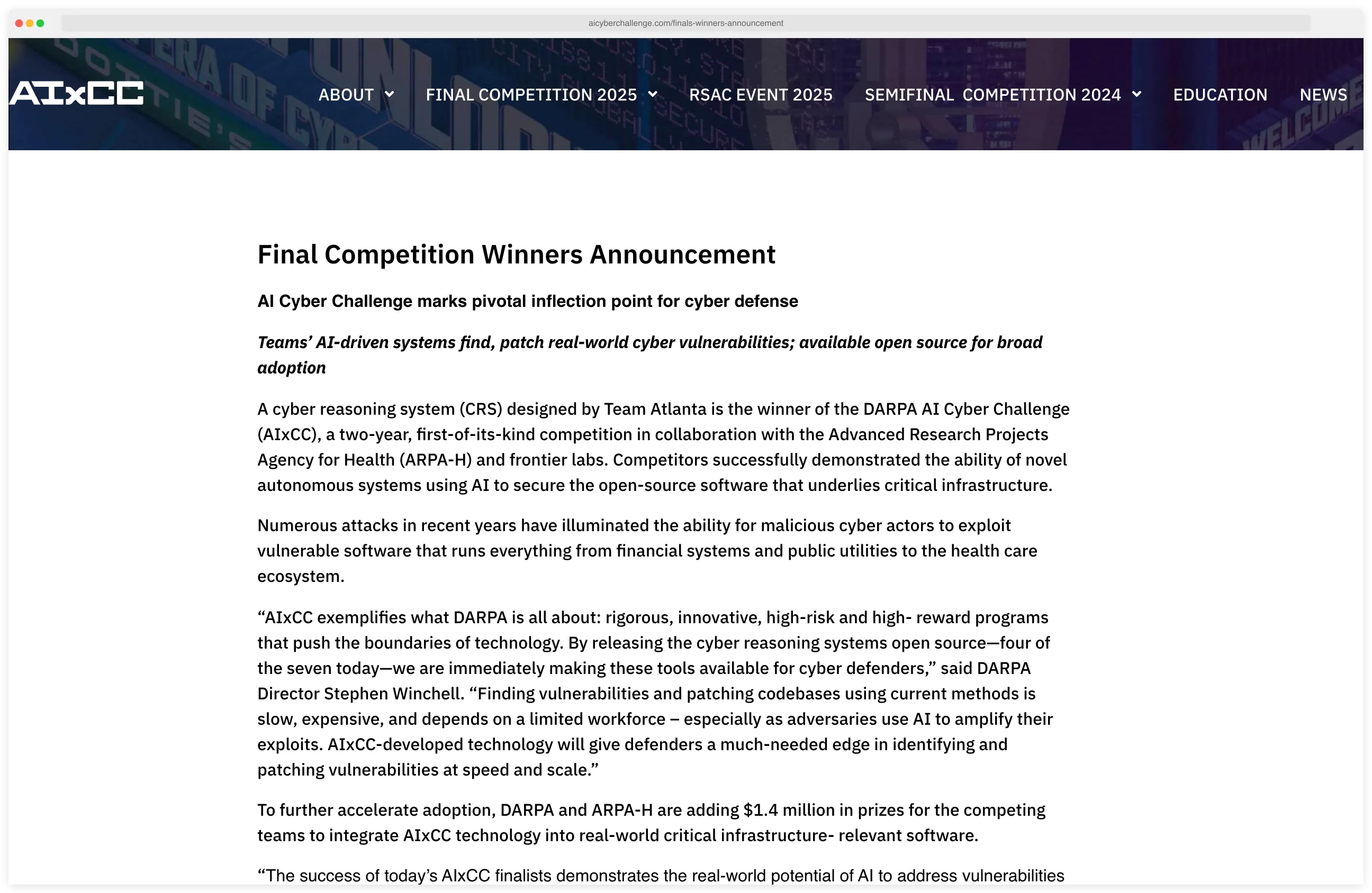 DARPA AIxCC finals winners announcement page showing Team Atlanta winning $4M first prize