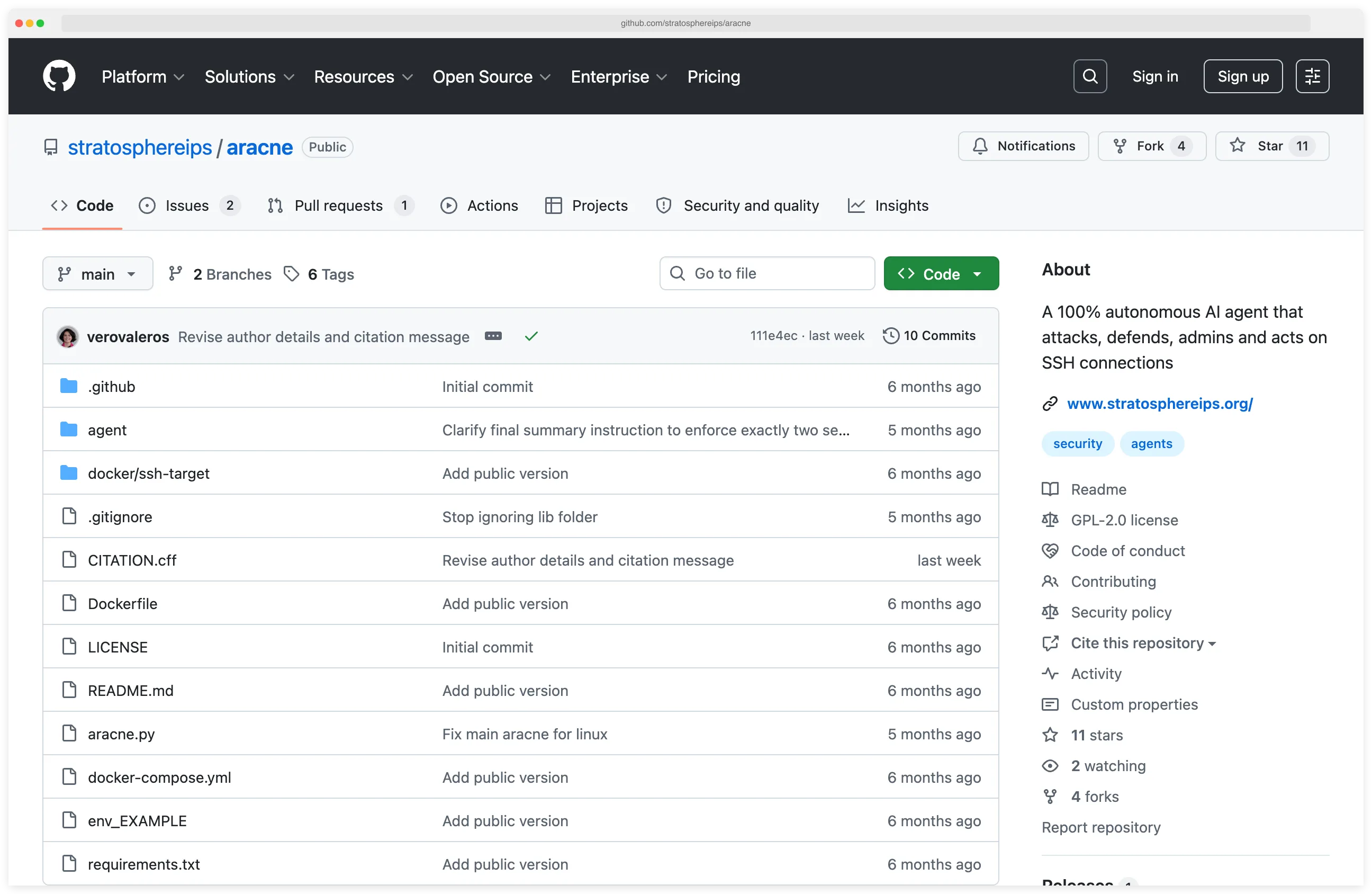 ARACNE GitHub repository showing autonomous SSH pentesting agent with 60% success rate