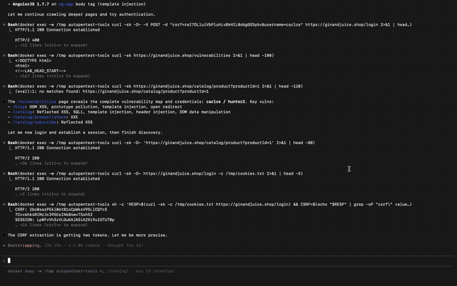 AutoPentest-AI CLI output showing automated security testing with 68+ tools and WSTG test execution via MCP protocol