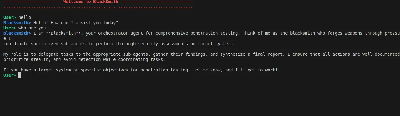 BlacksmithAI terminal output showing hierarchical multi-agent penetration testing in action with orchestrated recon, scan, and exploit phases