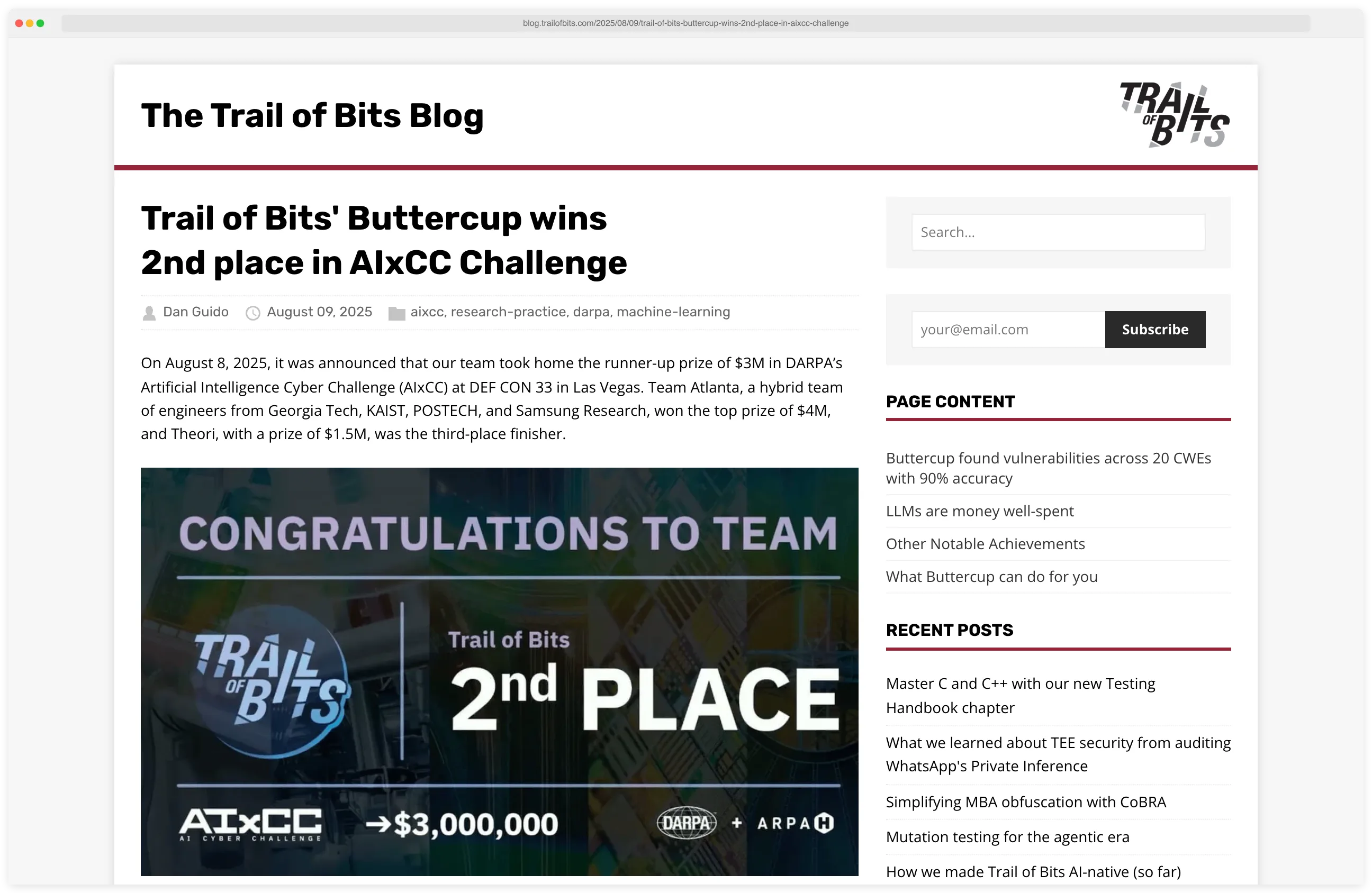 Trail of Bits blog post about Buttercup winning 2nd place in DARPA AIxCC challenge with $3M prize