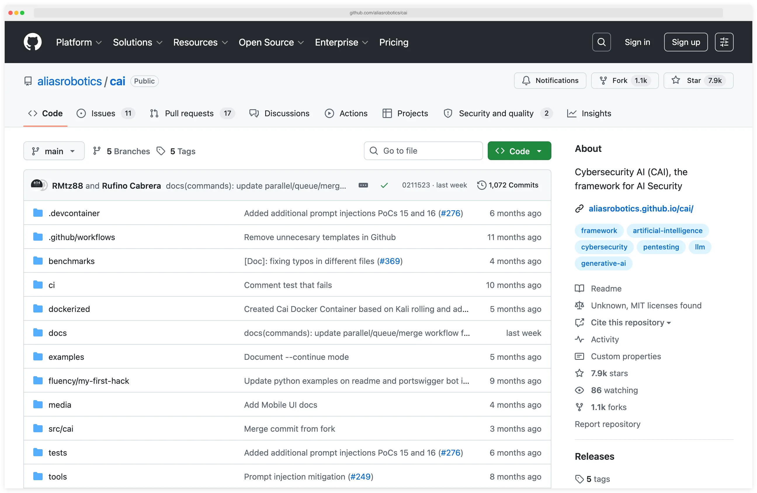 CAI (Cybersecurity AI) GitHub repository showing bug bounty-ready framework with 300+ model backends, built-in security tools, and self-hosted LLM support