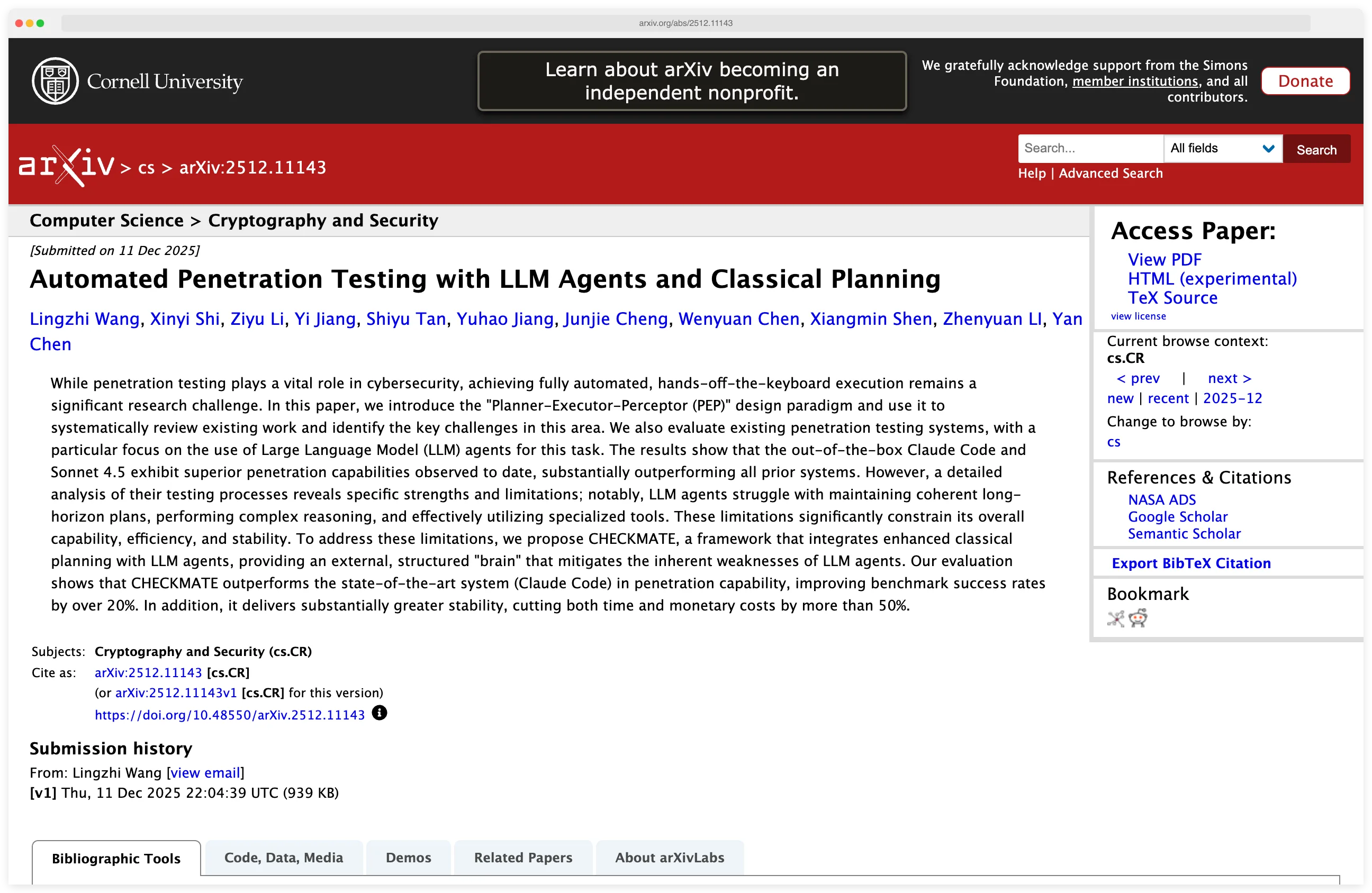 CHECKMATE paper on arXiv showing automated penetration testing with LLM agents and classical planning integration