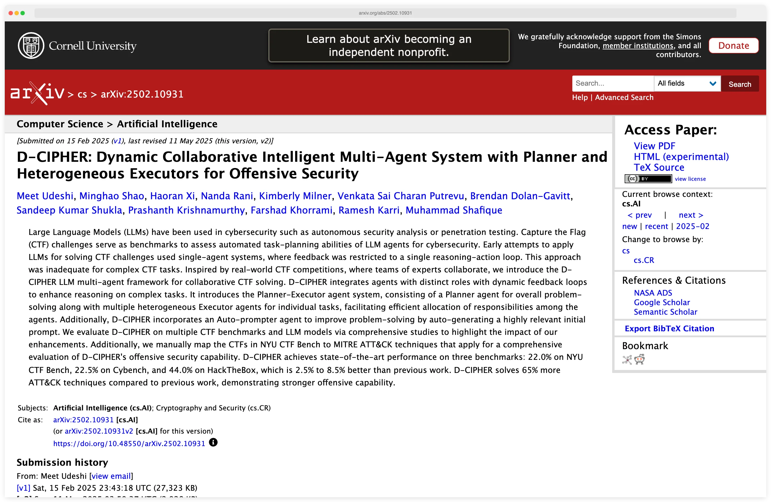 D-CIPHER paper on arXiv showing dynamic collaborative multi-agent system for offensive security
