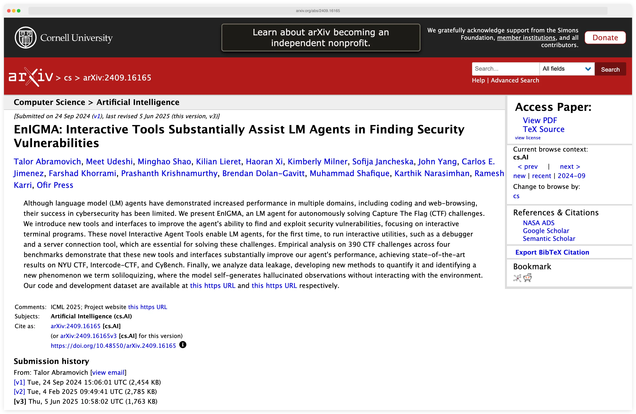 EnIGMA paper on arXiv showing how interactive tools substantially assist LM agents in finding security vulnerabilities