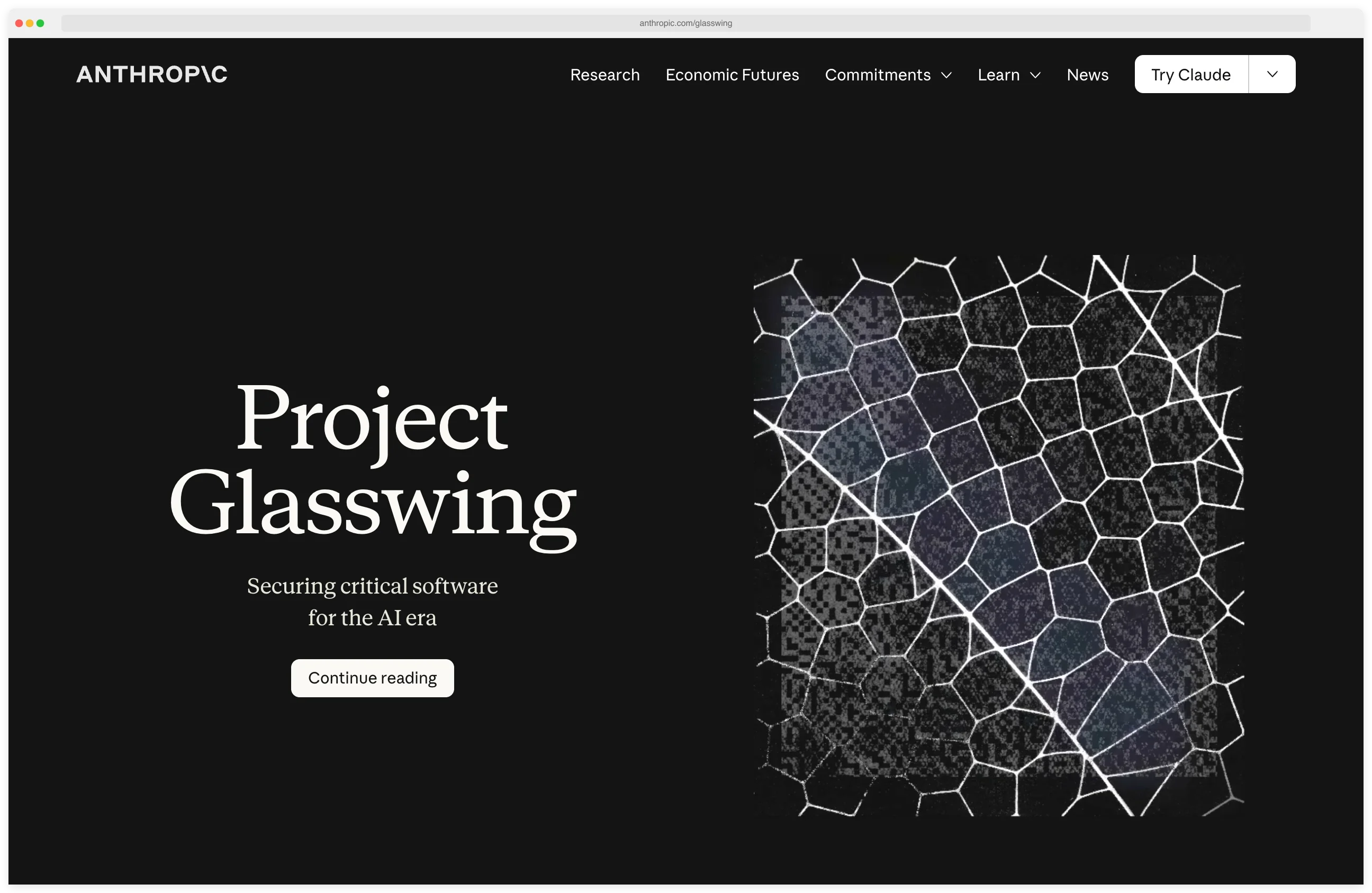 Anthropic Project Glasswing announcement page for Claude Mythos Preview, a defensive security initiative with Apple, Google, Microsoft, AWS, and other partners