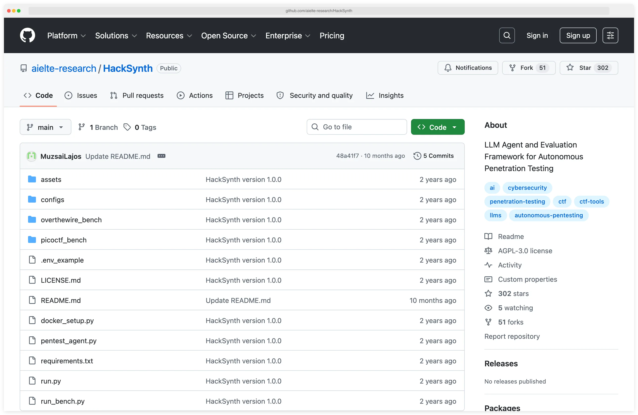 HackSynth GitHub repository with dual-module Planner-Summarizer architecture and 200-challenge benchmark