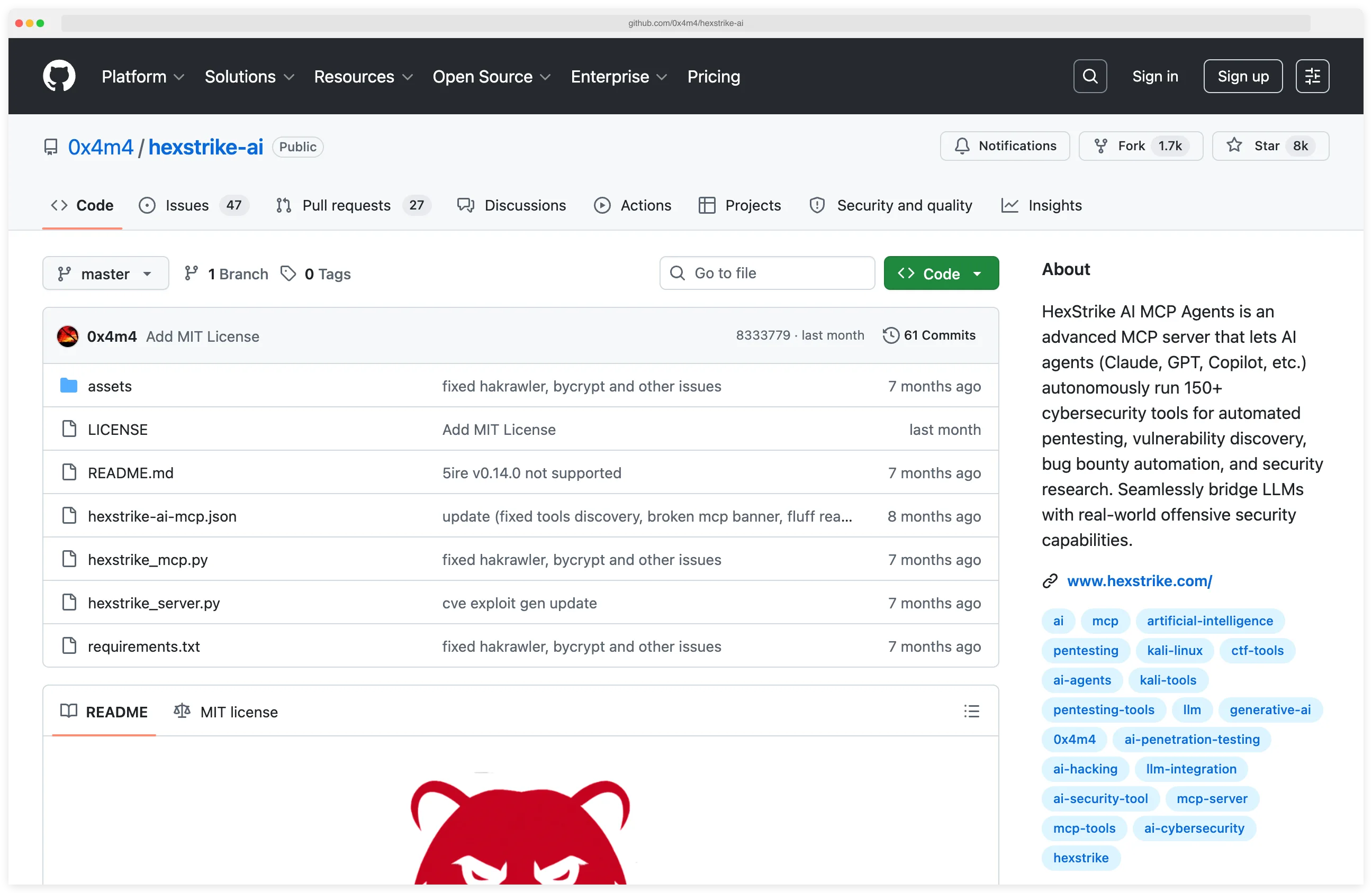 HexStrike AI GitHub repository showing 150+ cybersecurity tools exposed as MCP endpoints