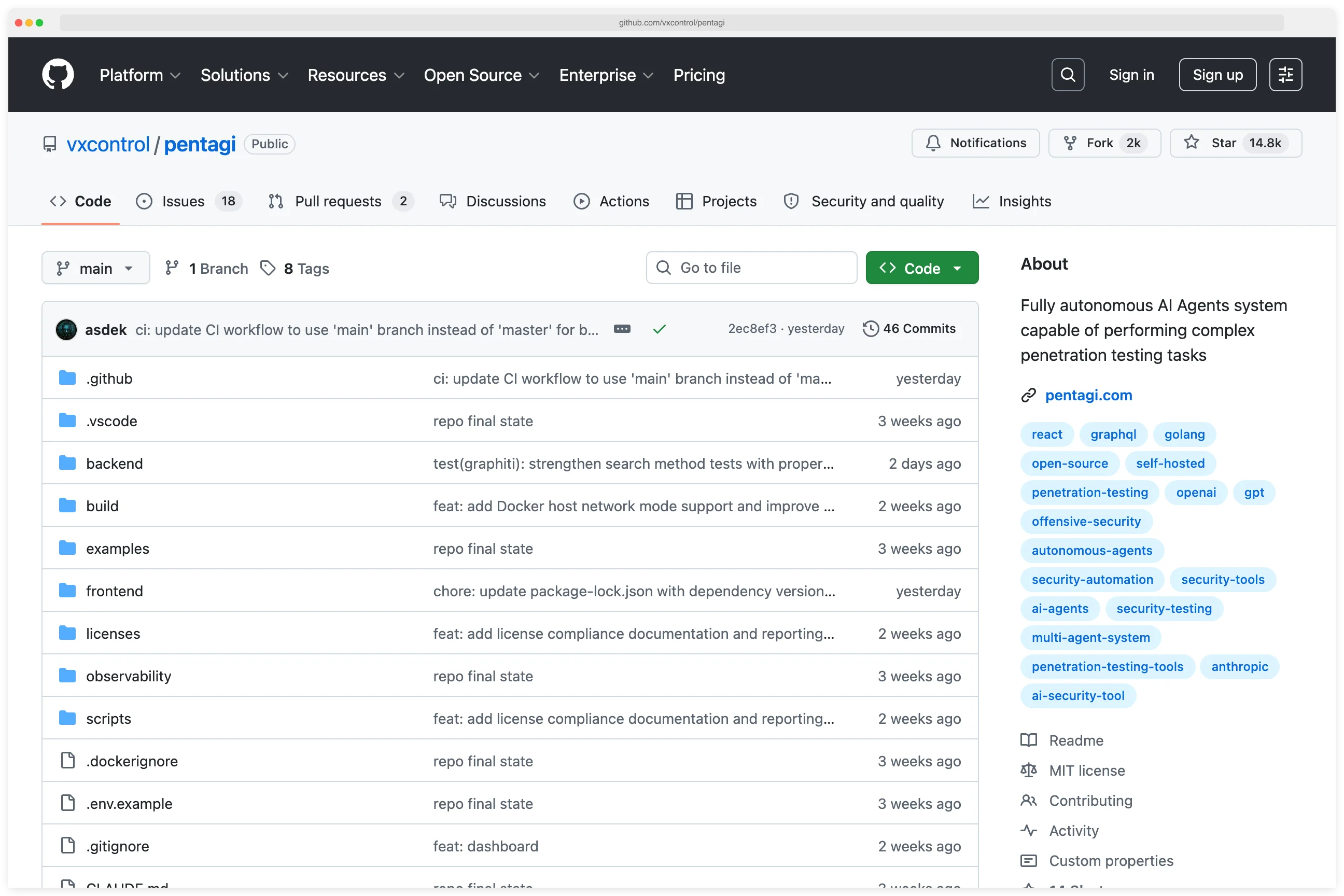 vxcontrol/pentagi GitHub repository showing 14.6K stars, 2K forks, MIT license, Go-based backend with frontend, observability, scripts folders, and tags for penetration-testing, autonomous-agents, and multi-agent-system
