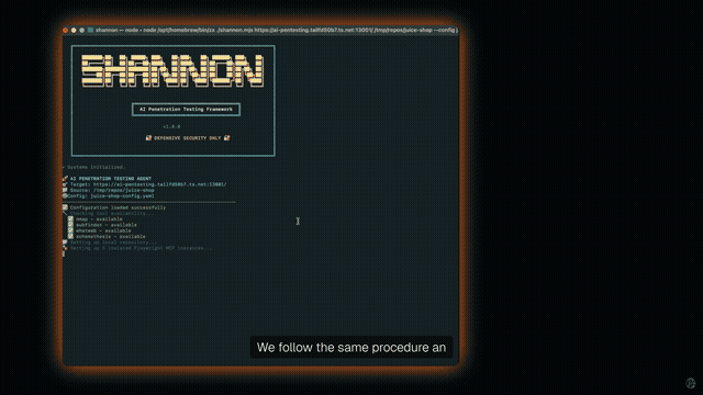 Shannon white-box pentester in action — terminal UI showing automated vulnerability scanning and proof-of-concept exploit generation