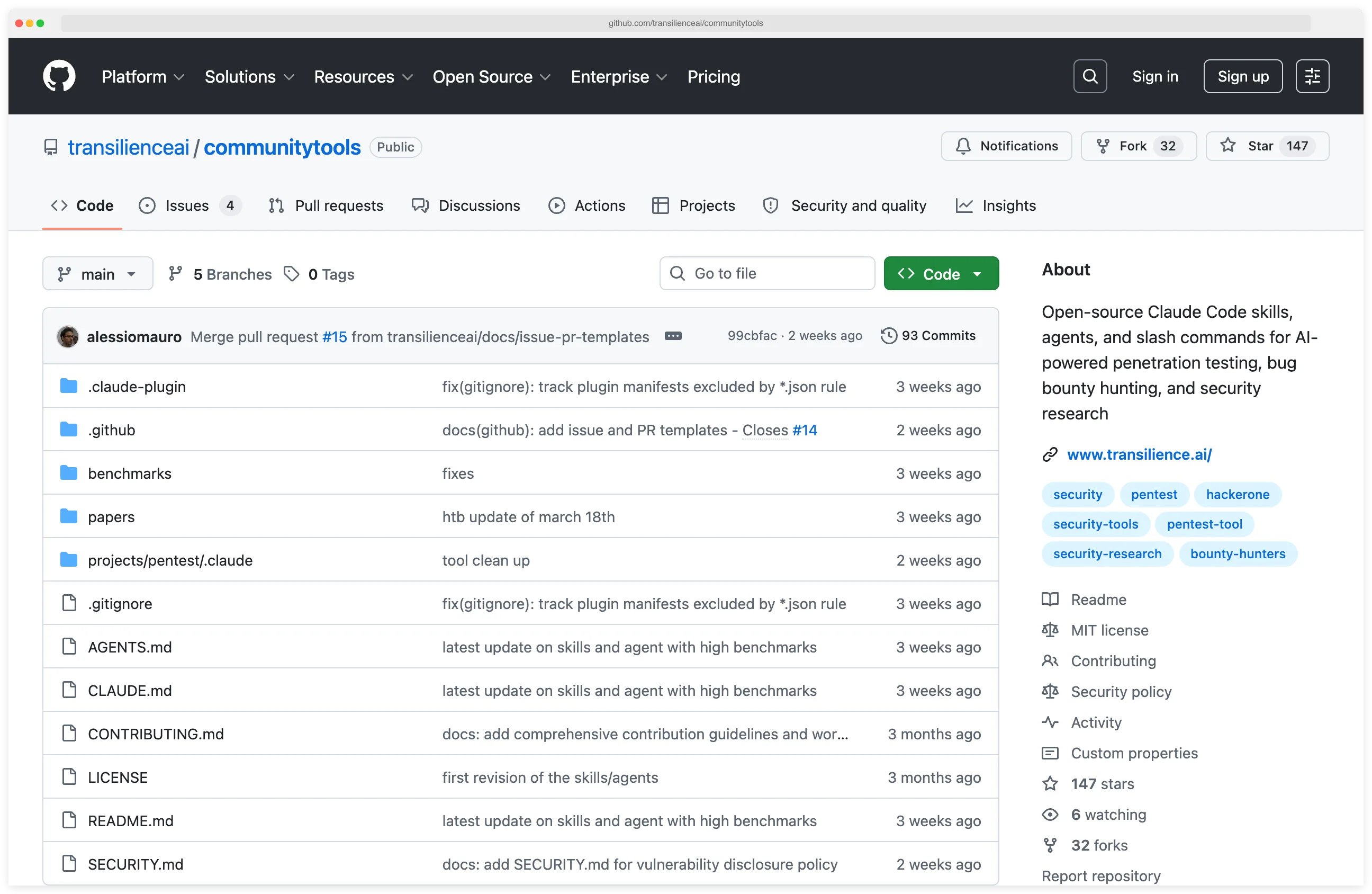 Transilience Community Tools GitHub repository with 23 skills and 8 agents
