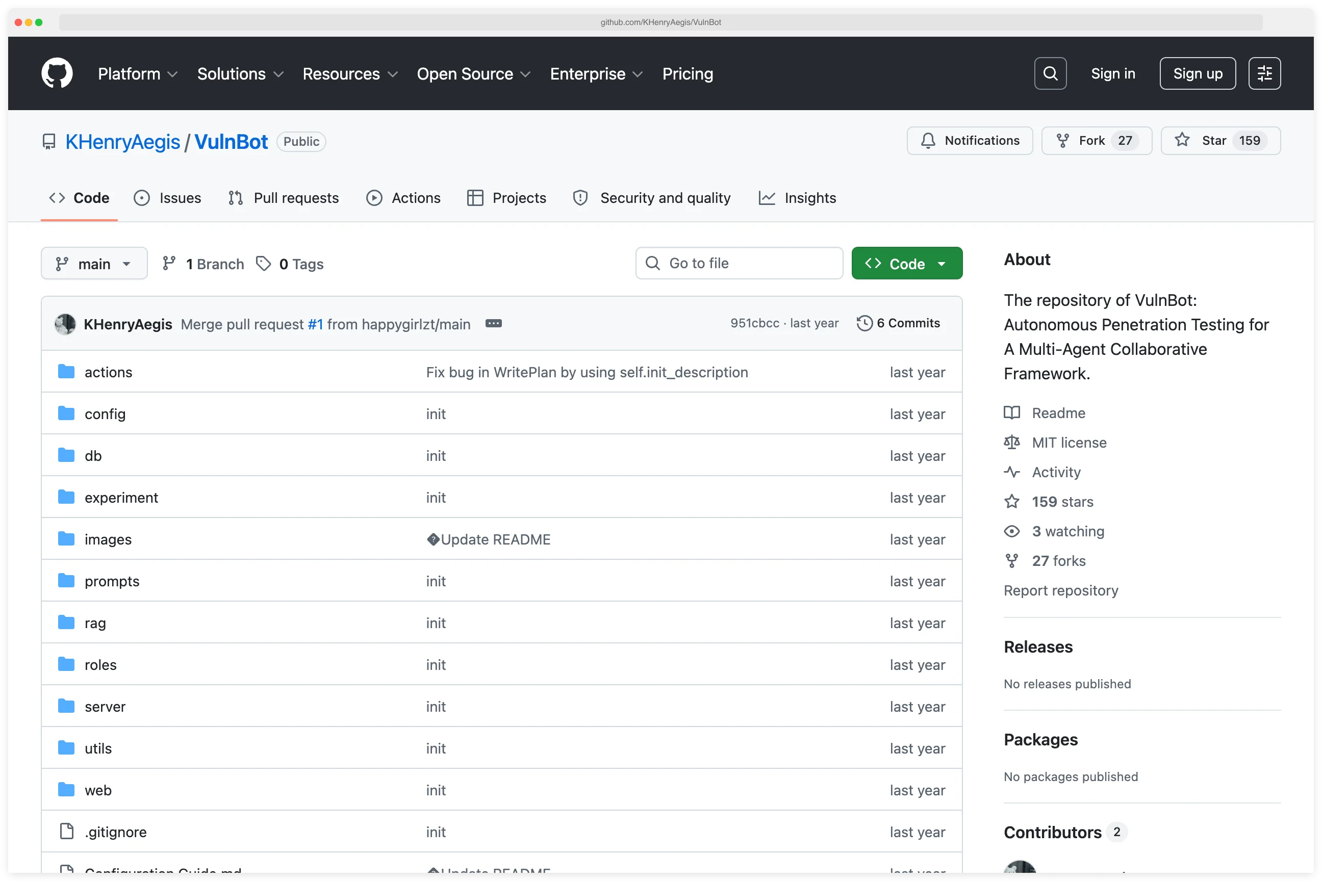 KHenryAegis/VulnBot GitHub repository showing 159 stars, 27 forks, MIT license, and folders for actions, config, db, experiment, prompts, rag, roles, server, web — the 5-core-module multi-agent collaborative framework