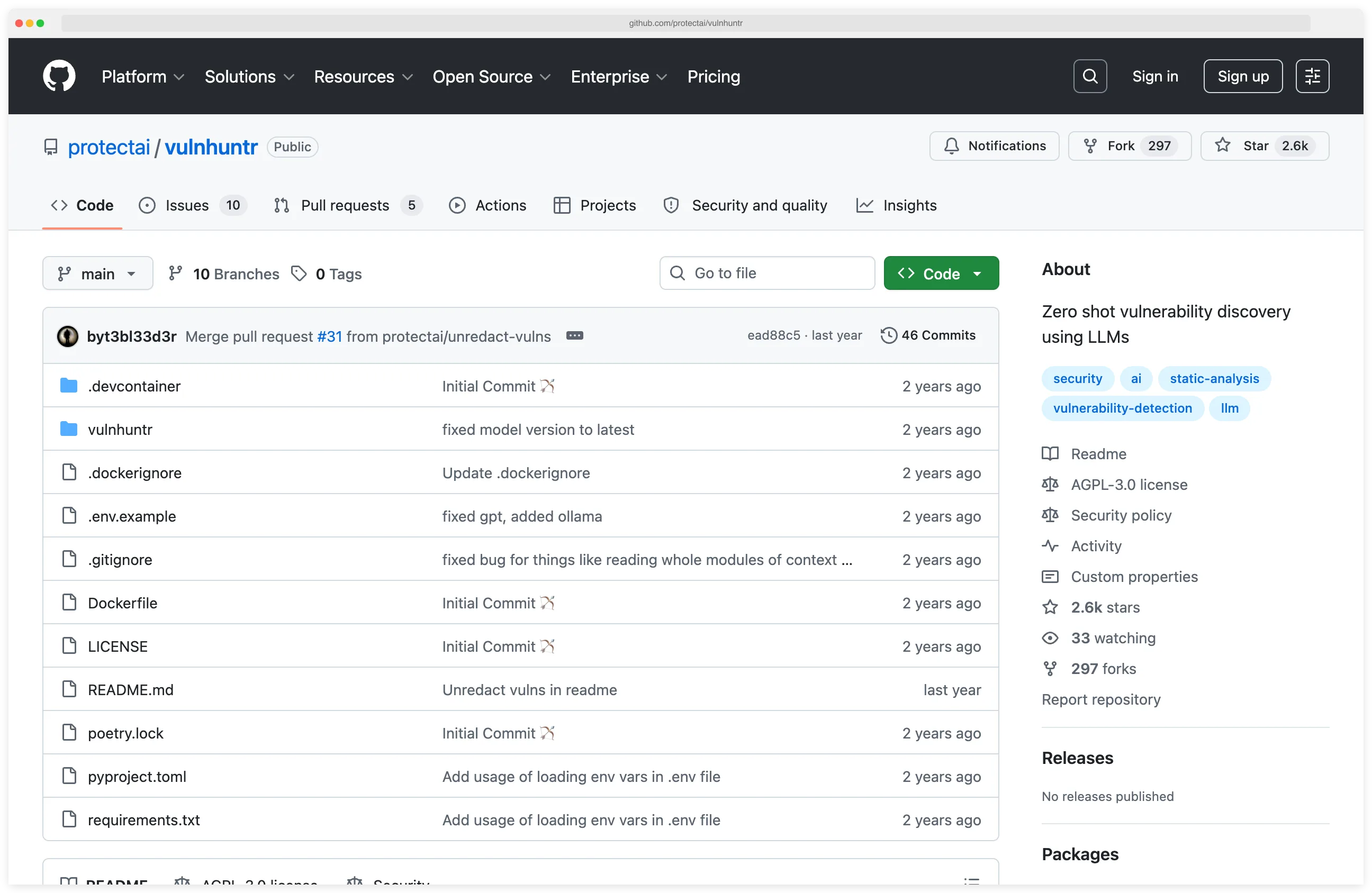 VulnHuntr GitHub repository by Protect AI showing LLM-powered static analysis that found 12+ zero-days