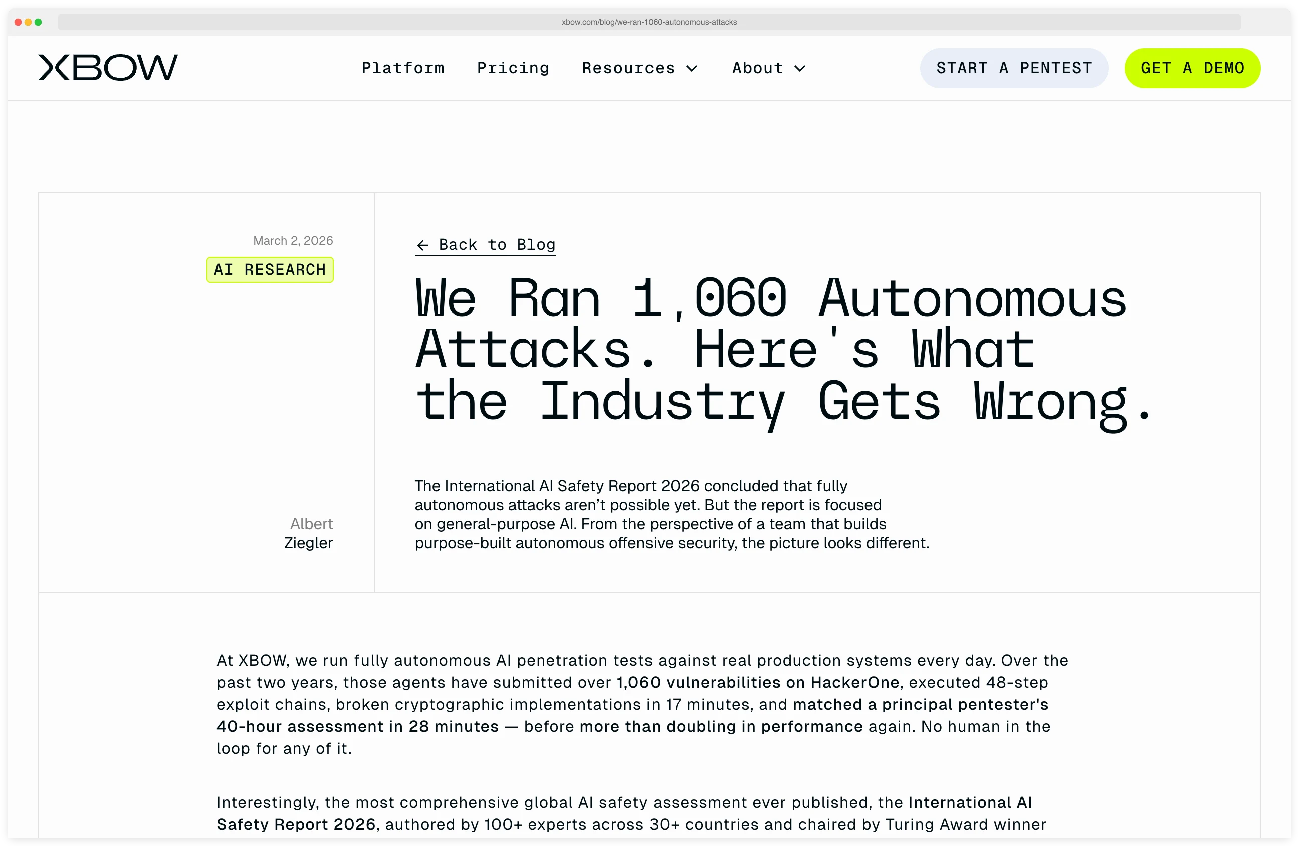 XBOW blog post detailing 1,060 autonomous attacks run on HackerOne, including 48-step exploit chains