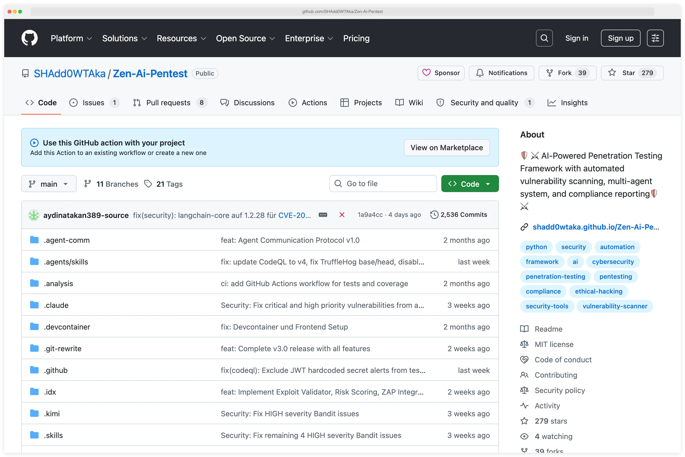 SHAdd0WTAka/Zen-Ai-Pentest GitHub repository with 279 stars, 39 forks, 2536 commits, Python framework, and folders for agent-comm, agents/skills, analysis, claude, devcontainer — showing the multi-agent state machine layout