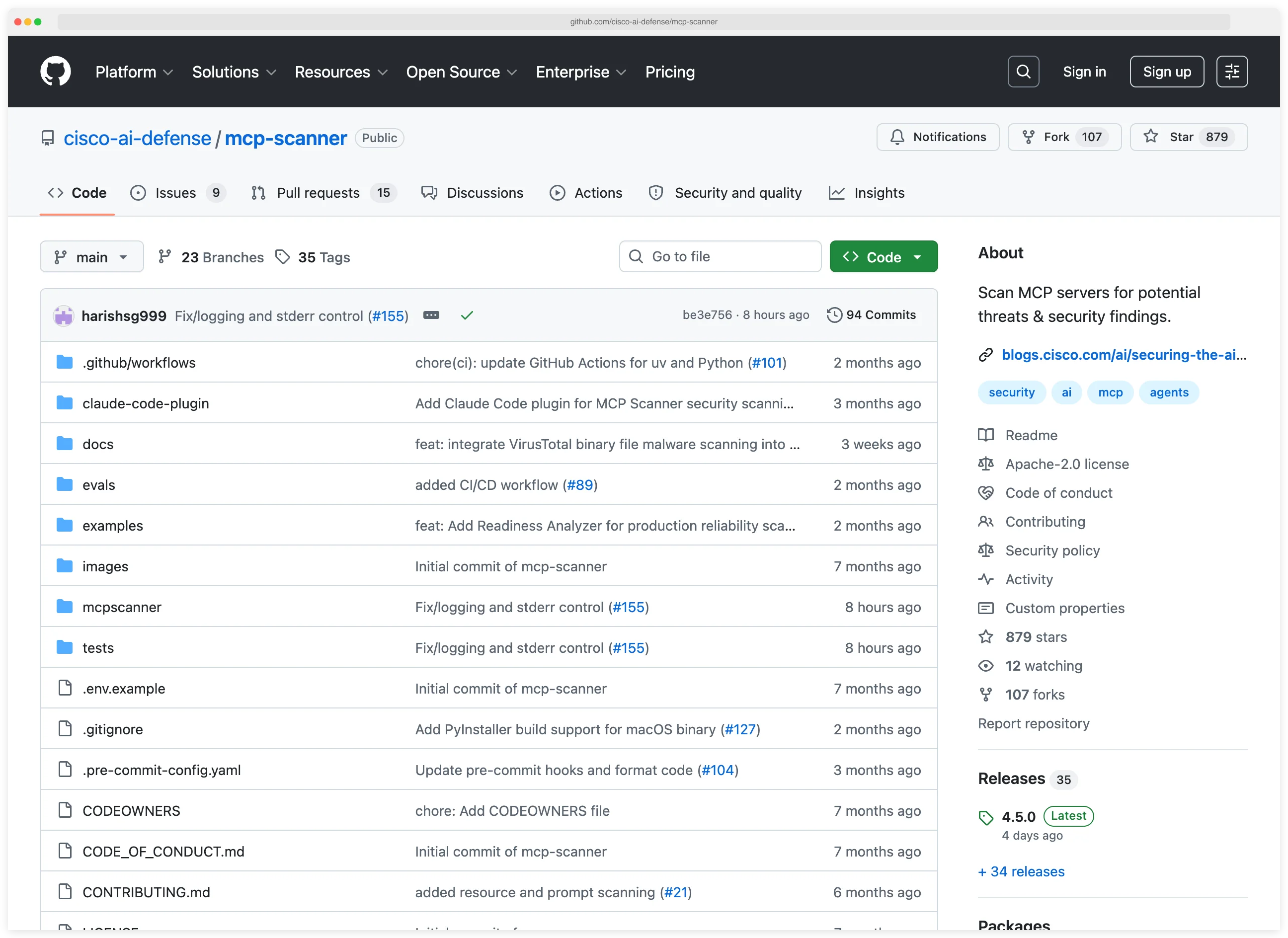 Cisco mcp-scanner GitHub repository at cisco-ai-defense/mcp-scanner showing 879 stars, Apache-2.0 license, and the description 'Scan MCP servers for potential threats and security findings' — tagged security/ai/mcp/agents