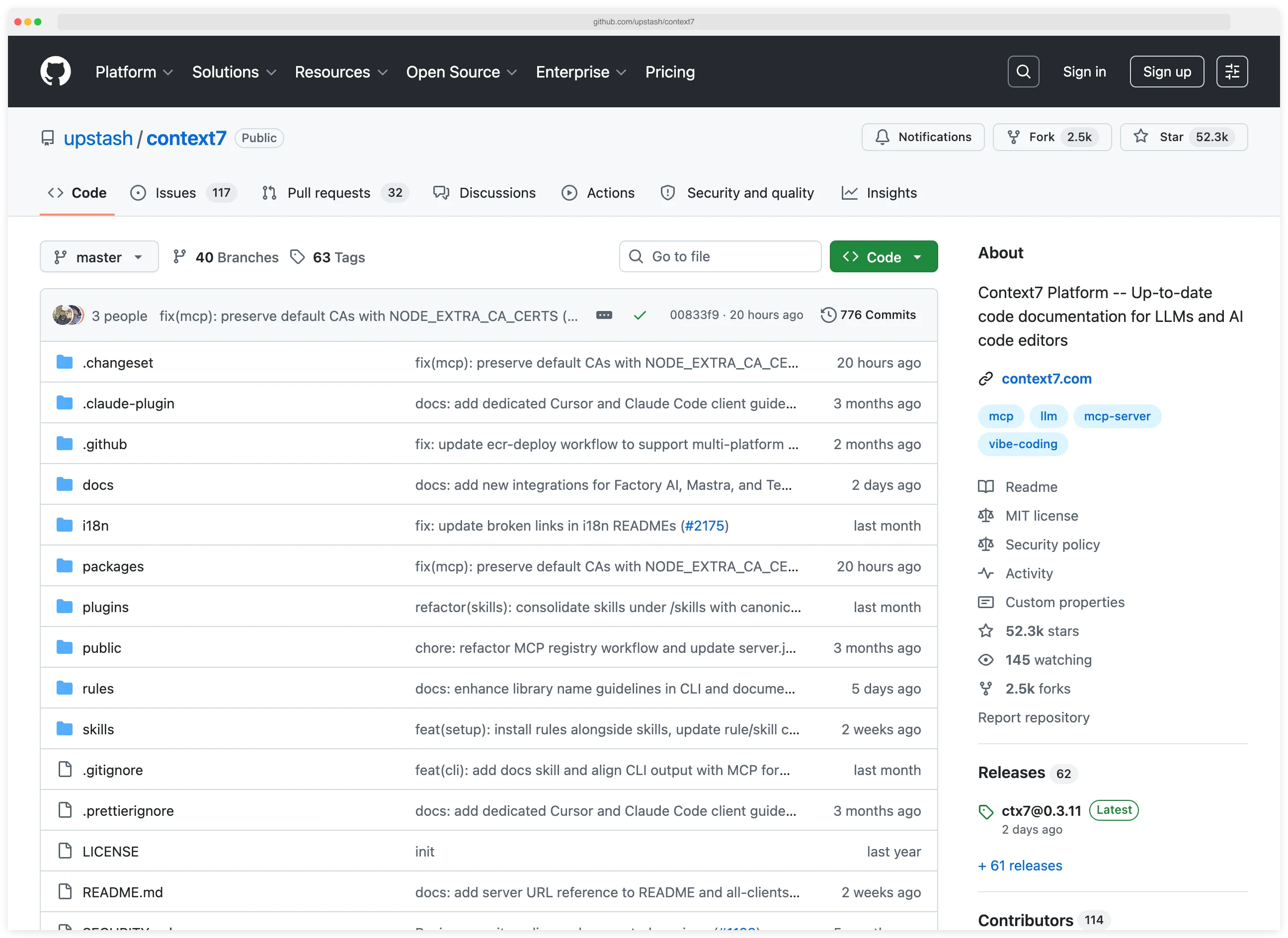 context7 GitHub repository at upstash/context7 showing 52.3K stars, 14.5K watching, 2.5K forks, and 117 open issues — tagged mcp, llm, mcp-server, and vibe-coding, described as the Context7 Platform for up-to-date code documentation for LLMs and AI code editors