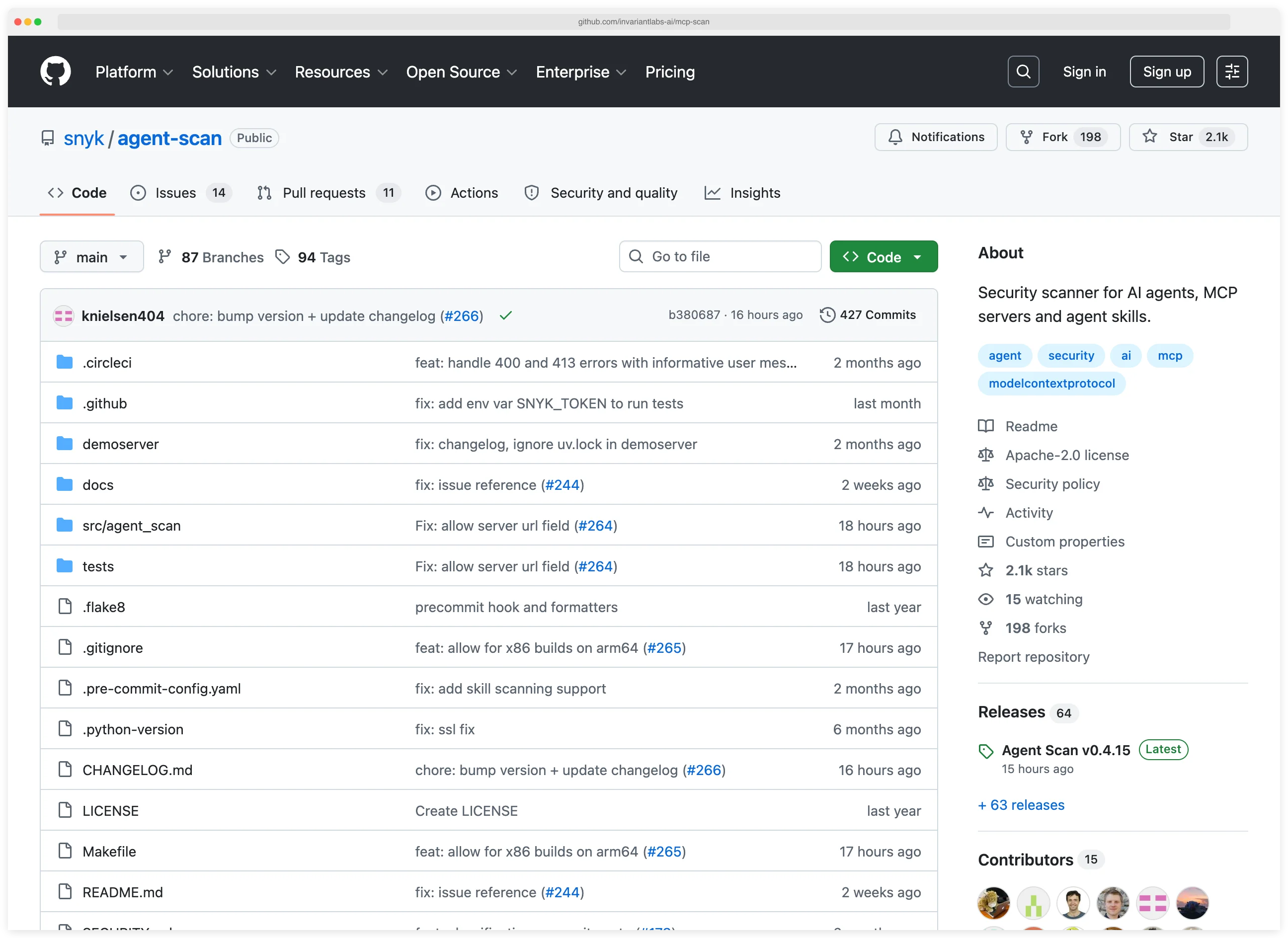mcp-scan by Invariant Labs on GitHub, now maintained by Snyk at snyk/agent-scan with 2.1K stars and Apache-2.0 license — described as a security scanner for AI agents, MCP servers, and agent skills, tagged agent/security/ai/mcp/modelcontextprotocol