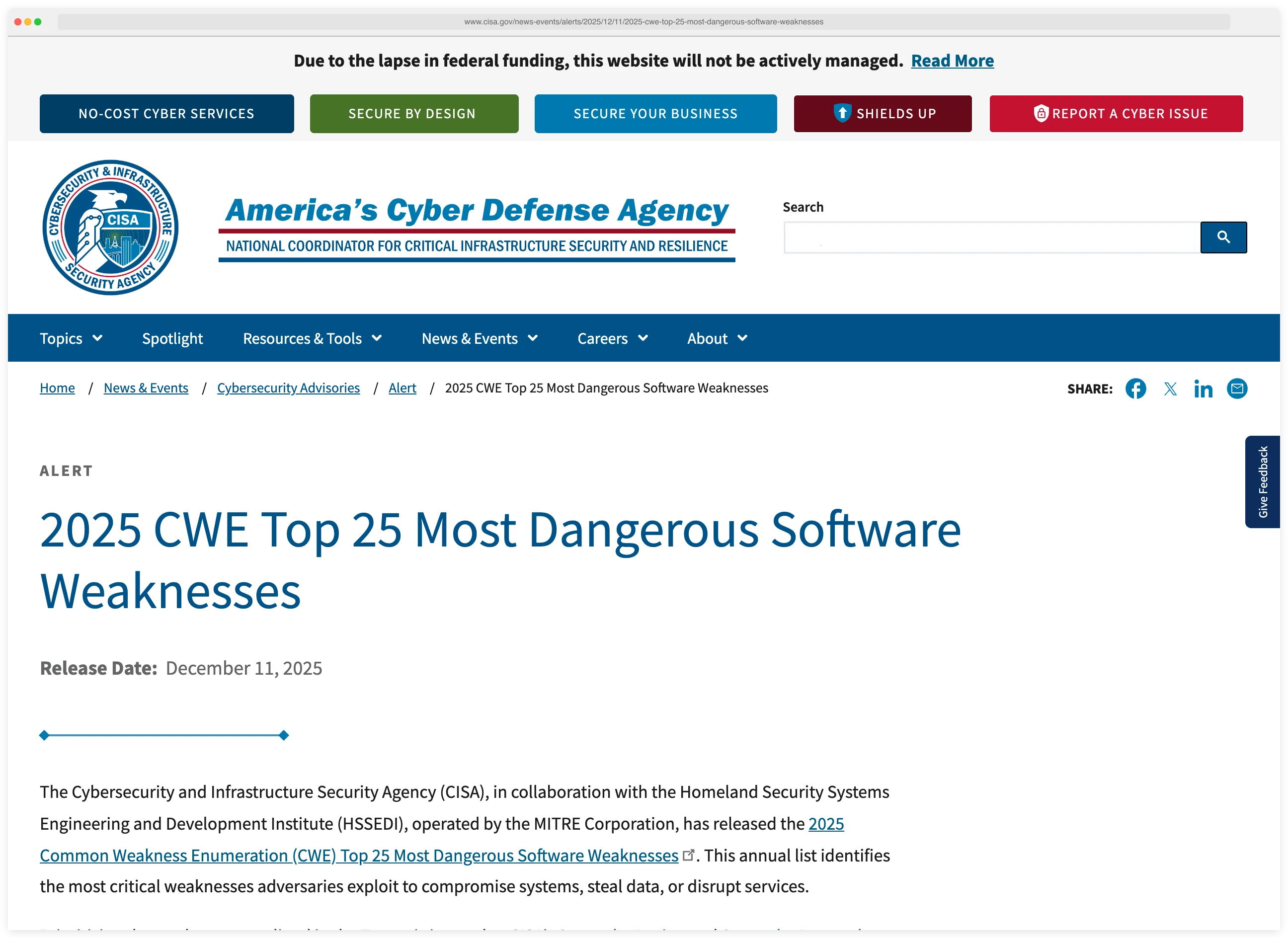 CISA advisory page for the 2025 CWE Top 25 Most Dangerous Software Weaknesses, published December 11, 2025