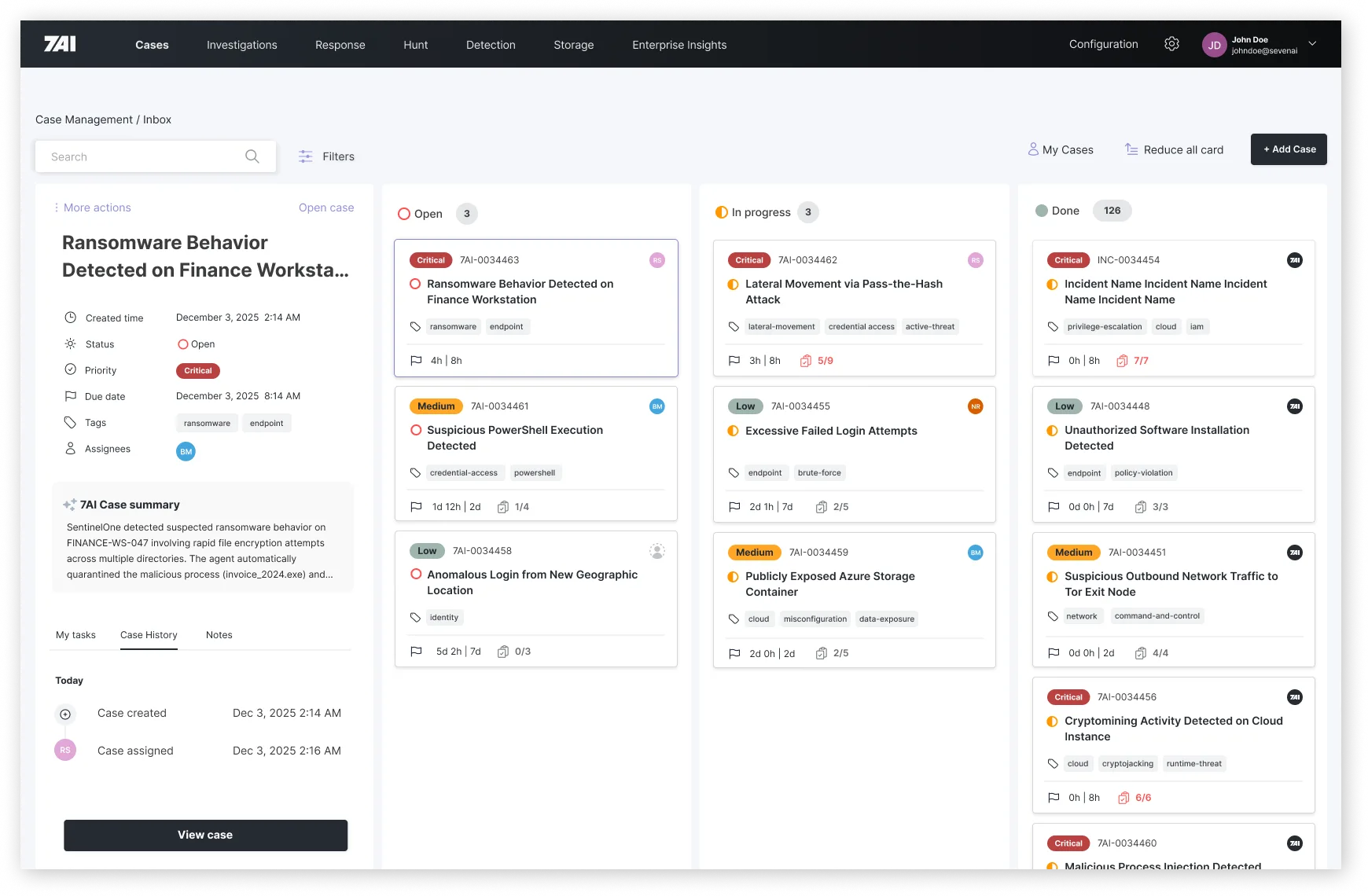 7AI Cases Kanban board for incident management